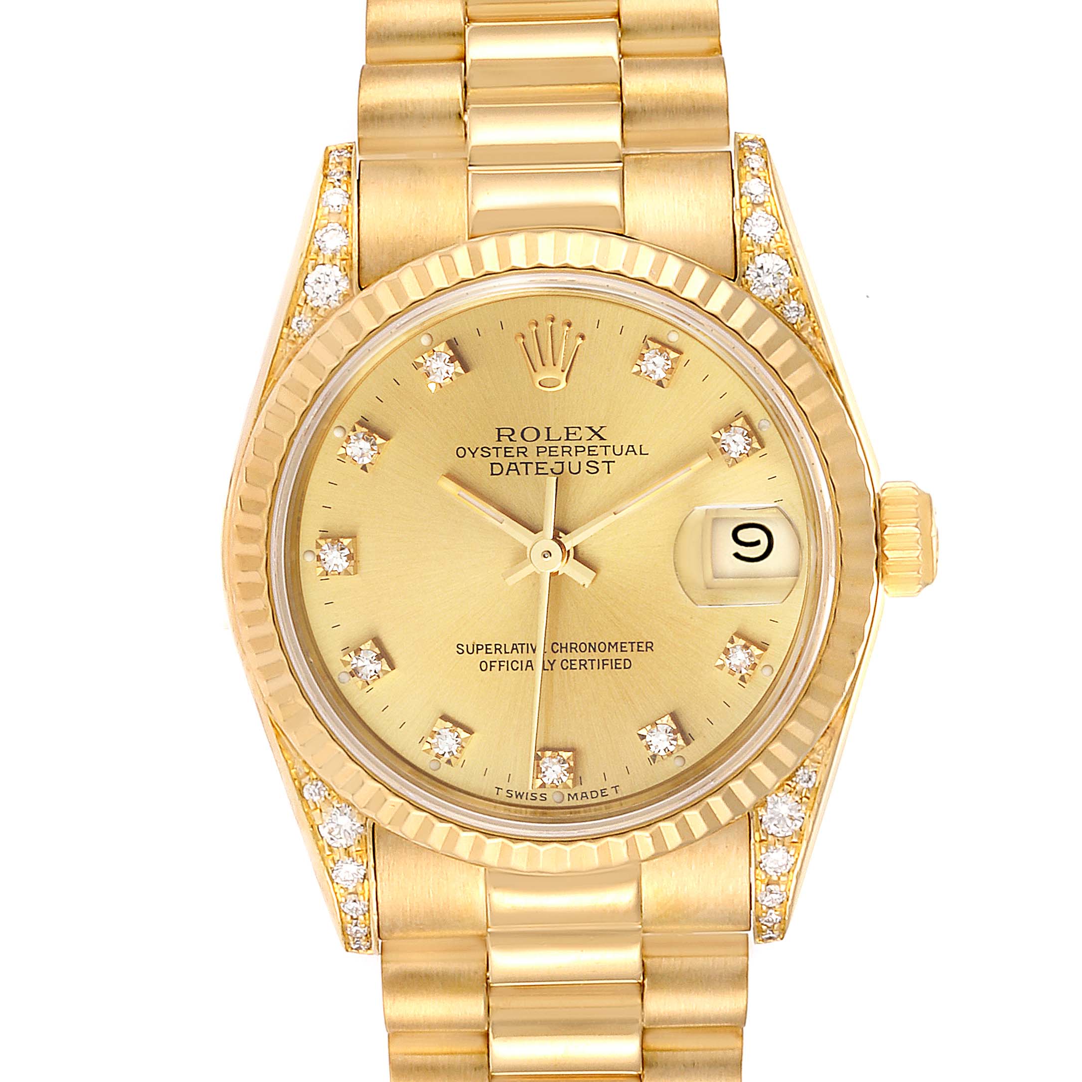 The image shows a Rolex President 68238  Women
s Yellow Gold Champagne Dial 68238  Women
s Yellow Gold Champagne Dial model watch face and bracelet viewed from the front.