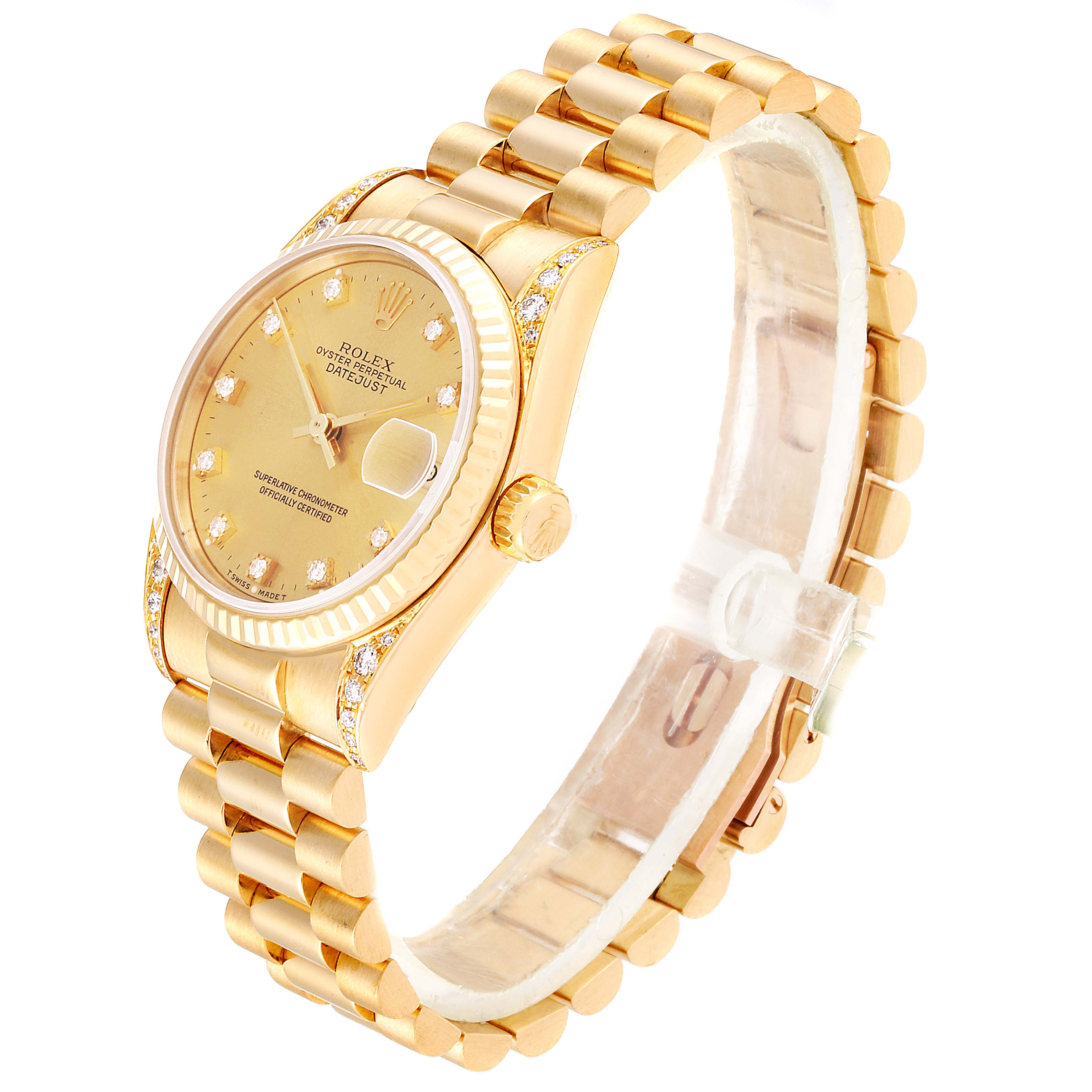This image shows a Rolex President 68238  Women
s Yellow Gold Champagne Dial 68238  Women
s Yellow Gold Champagne Dial model watch photographed at a three-quarter angle, displaying the dial, bezel, and bracelet.