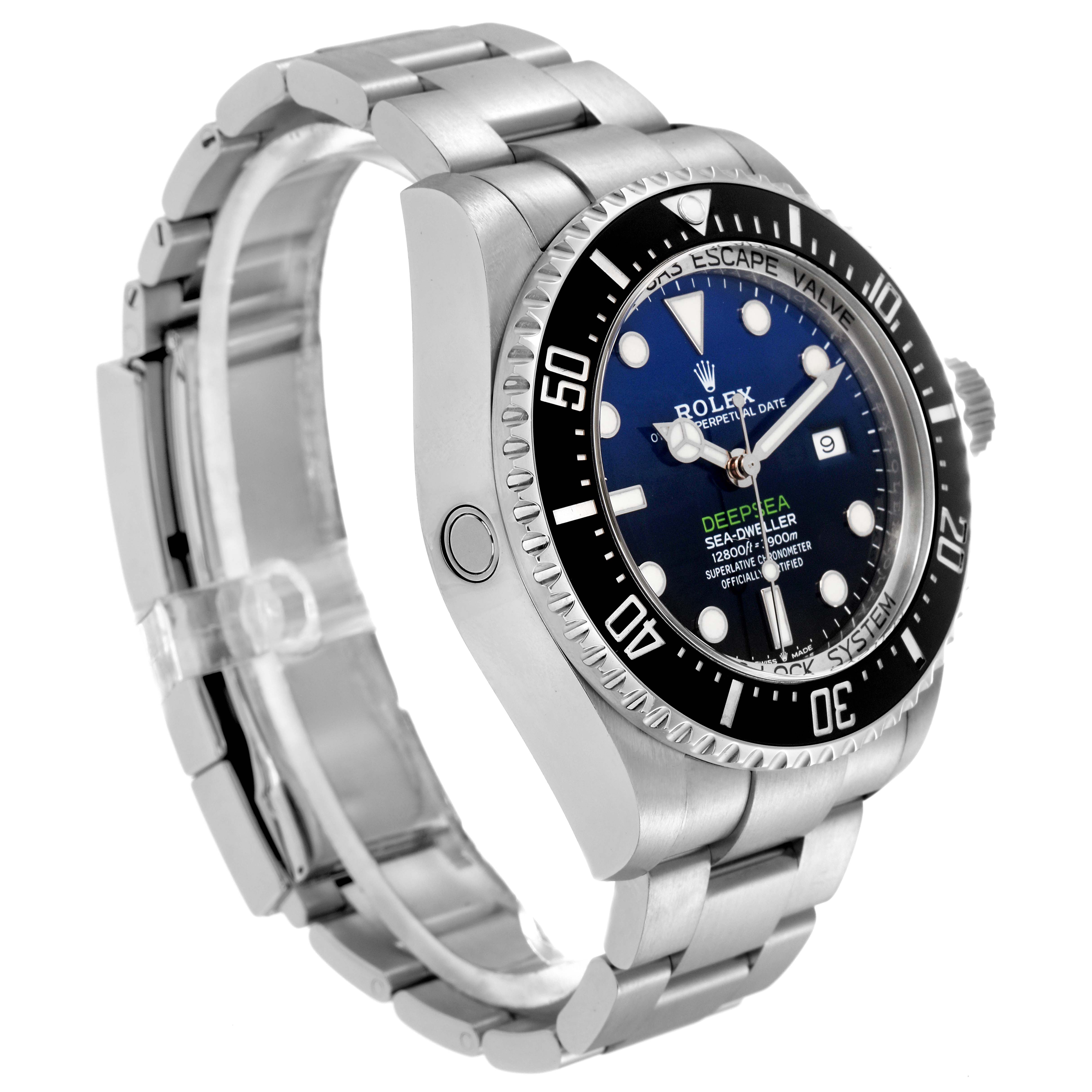 The Rolex Sea-Dweller 126660 Men
s Stainless Steel Blue Dial 126660 Men
s Stainless Steel Blue Dial is shown at a side angle, highlighting the bezel, crown, and part of the bracelet.