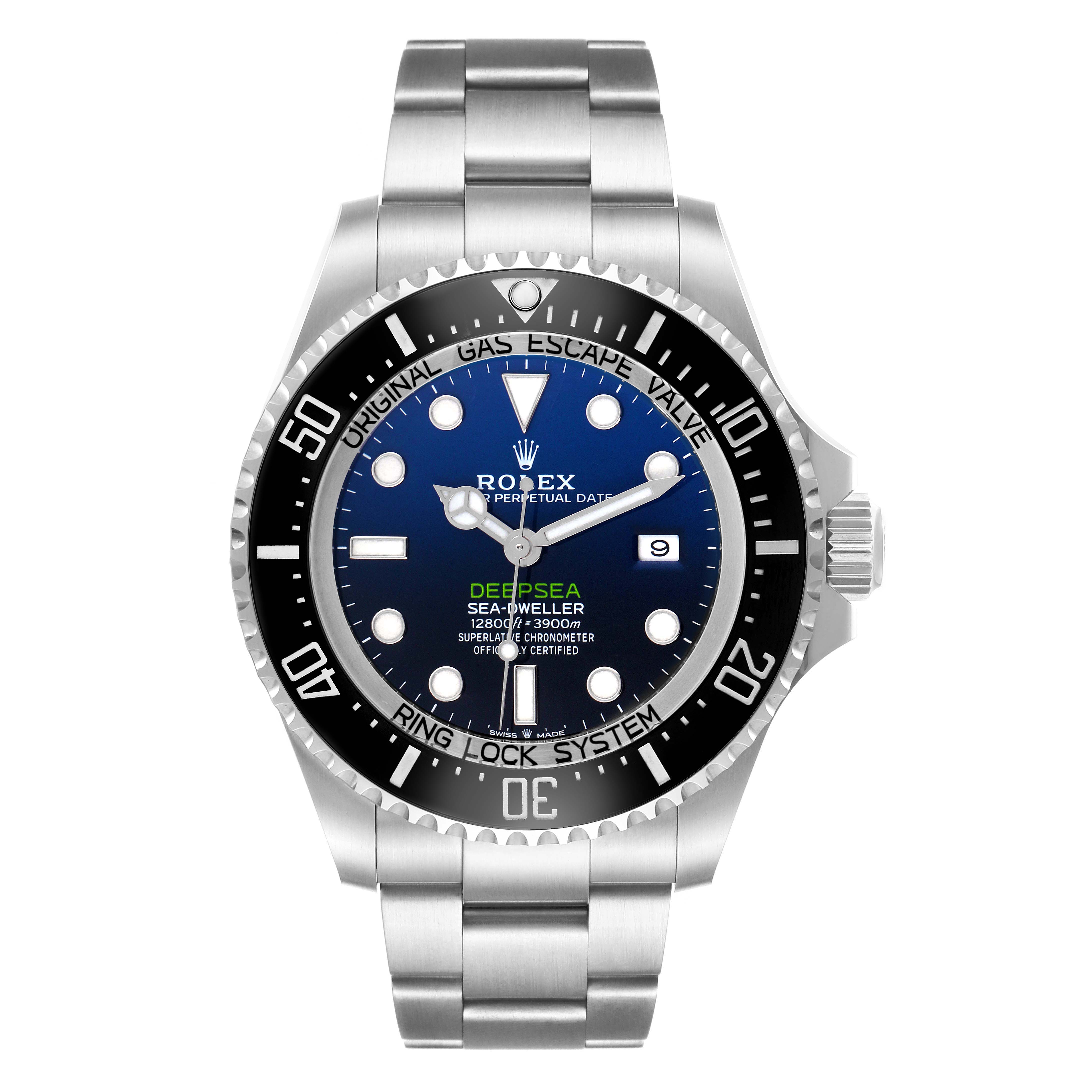 The Rolex Sea-Dweller 126660 Men
s Stainless Steel Blue Dial 126660 Men
s Stainless Steel Blue Dial watch is shown from a front angle, highlighting its dial, bezel, and stainless steel bracelet.
