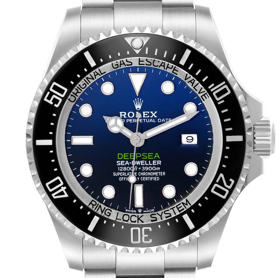 The image shows a front view of a Rolex Sea-Dweller watch, highlighting the bezel, dial, and bracelet.