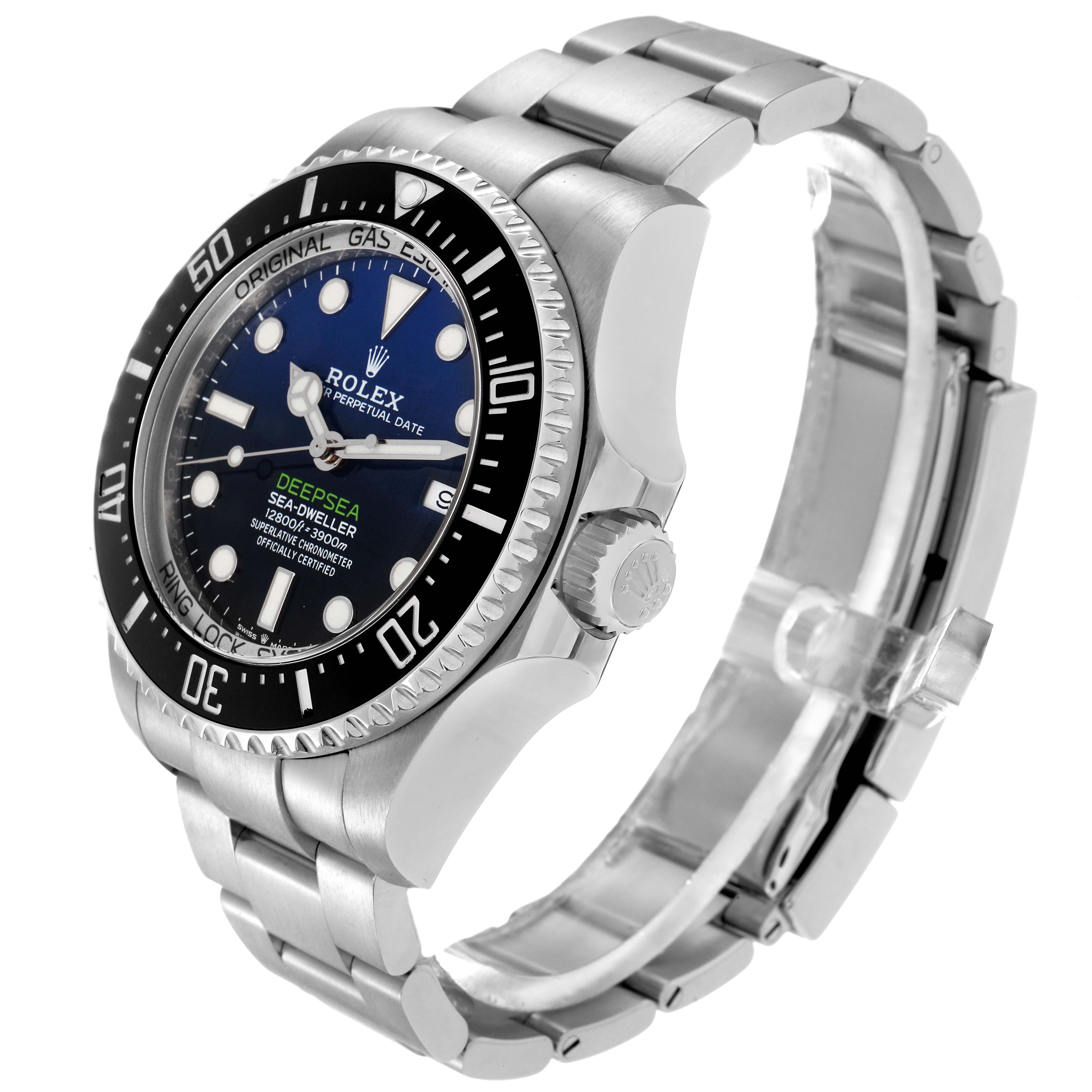 The Rolex Sea-Dweller 126660 Men
s Stainless Steel Blue Dial 126660 Men
s Stainless Steel Blue Dial watch is shown at an angled side view, displaying its face, bezel, crown, and bracelet.
