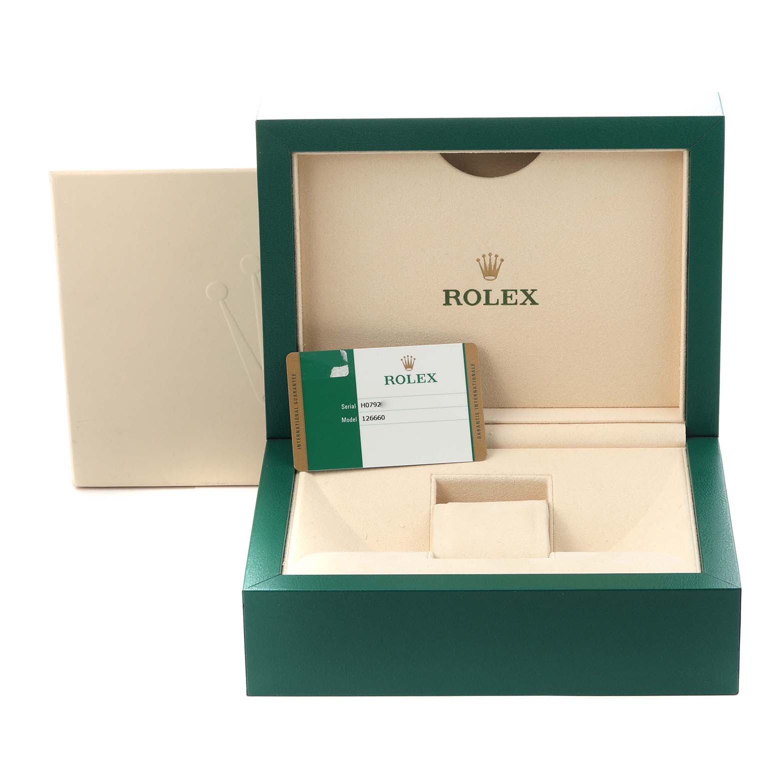 The image shows a Rolex Sea-Dweller 126660 Men
s Stainless Steel Blue Dial 126660 Men
s Stainless Steel Blue Dial watch box and warranty card, viewed from the front.