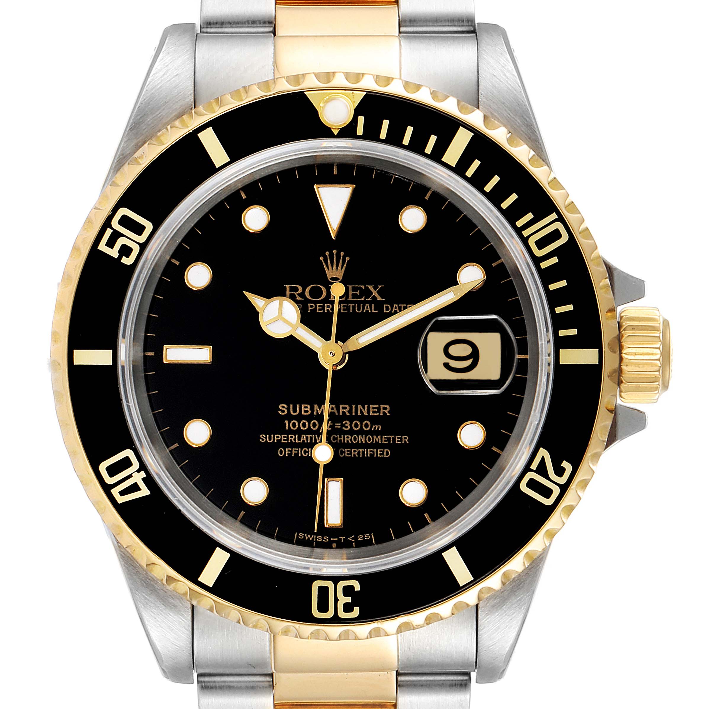 The image shows a frontal view of the Rolex Submariner 16613 Men's Steel and Gold (two tone) Black Dial 16613 Men's Steel and Gold (two tone) Black Dial watch, displaying its black dial, date window, bezel, and two-tone bracelet.