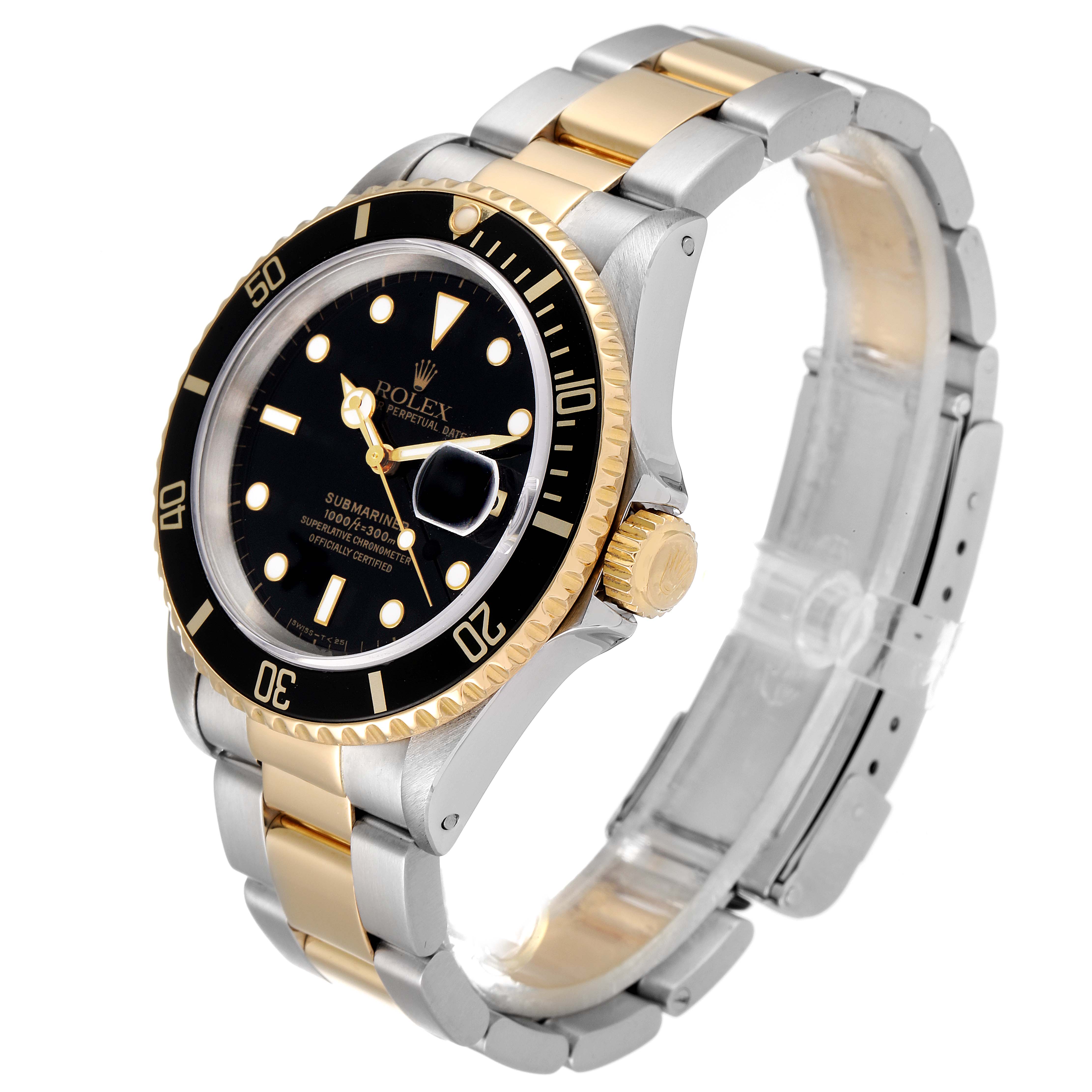 The image shows a Rolex Submariner 16613 Men's Steel and Gold (two tone) Black Dial 16613 Men's Steel and Gold (two tone) Black Dial watch at a three-quarter angle, highlighting the black dial, bezel, and two-tone bracelet.