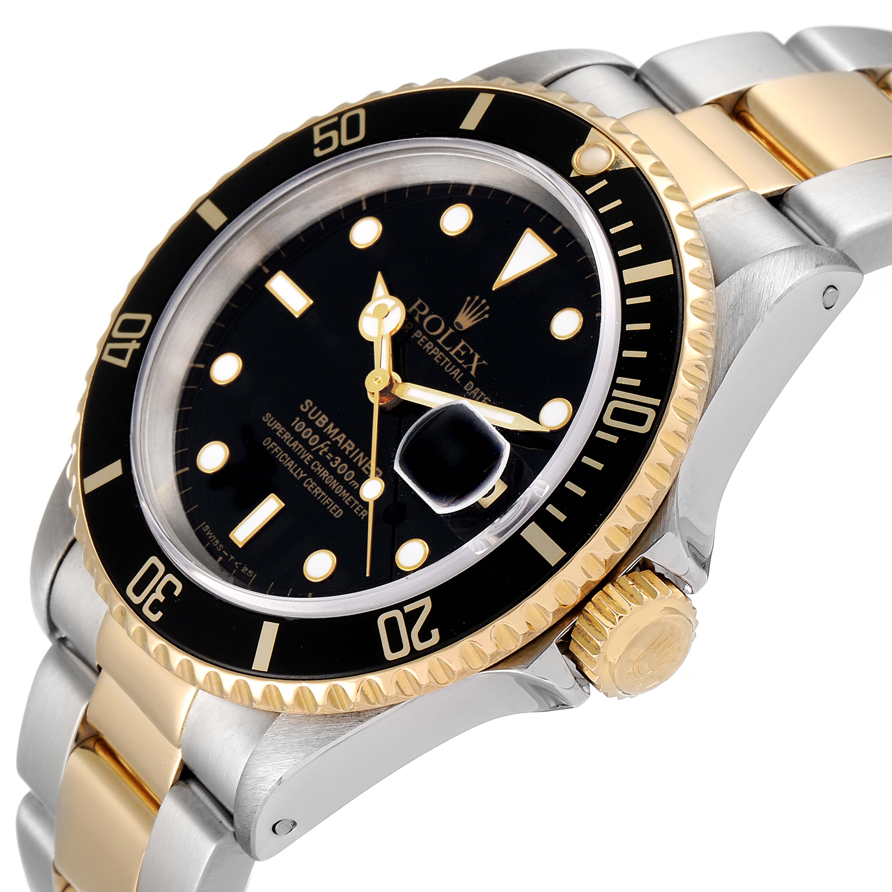 The image shows a close-up angled view of a Rolex Submariner 16613 Men's Steel and Gold (two tone) Black Dial 16613 Men's Steel and Gold (two tone) Black Dial watch, highlighting the bezel, dial, crown, and part of the bracelet.