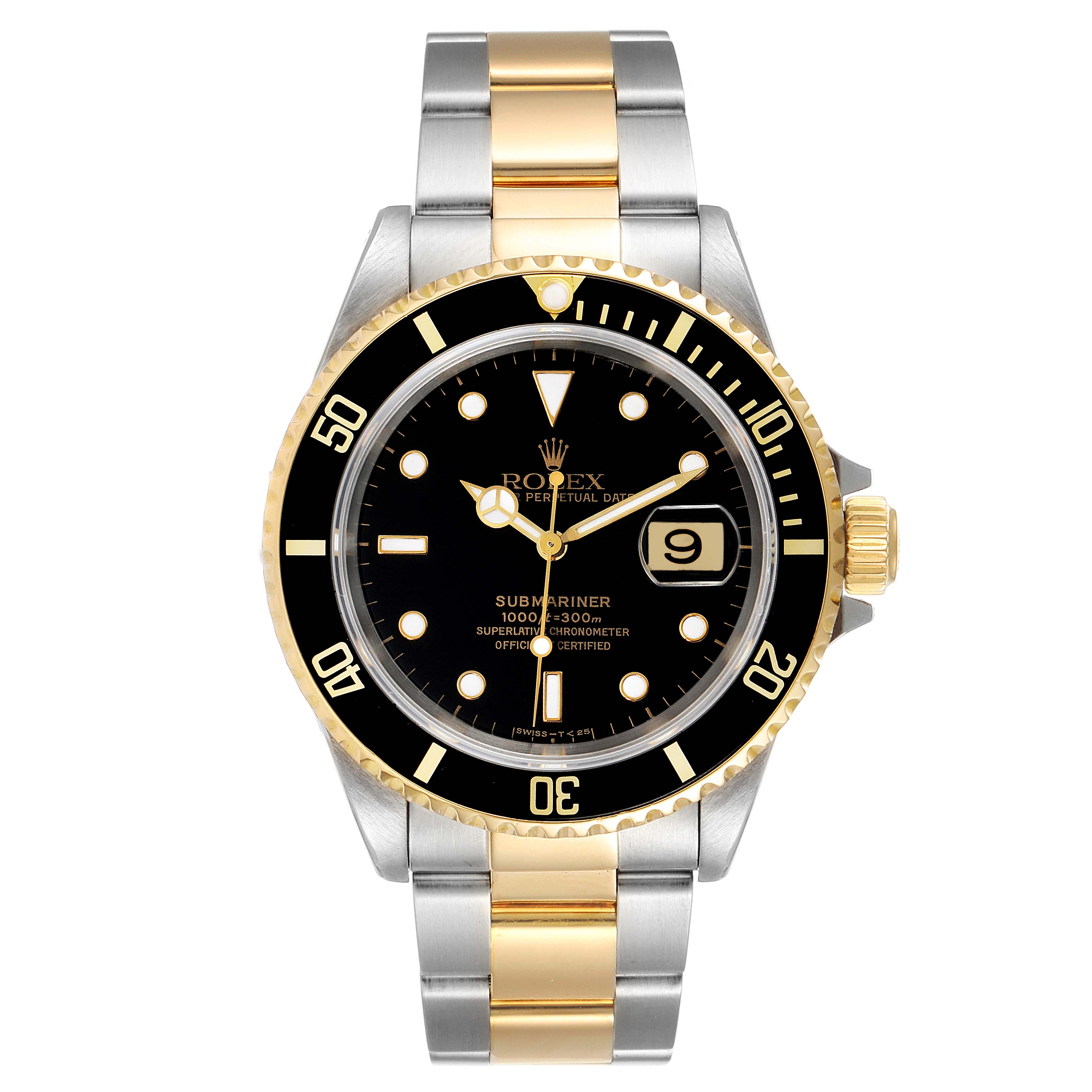 The image shows a front view of a Rolex Submariner 16613 Men's Steel and Gold (two tone) Black Dial 16613 Men's Steel and Gold (two tone) Black Dial watch, highlighting its black dial, bezel, and two-tone bracelet.