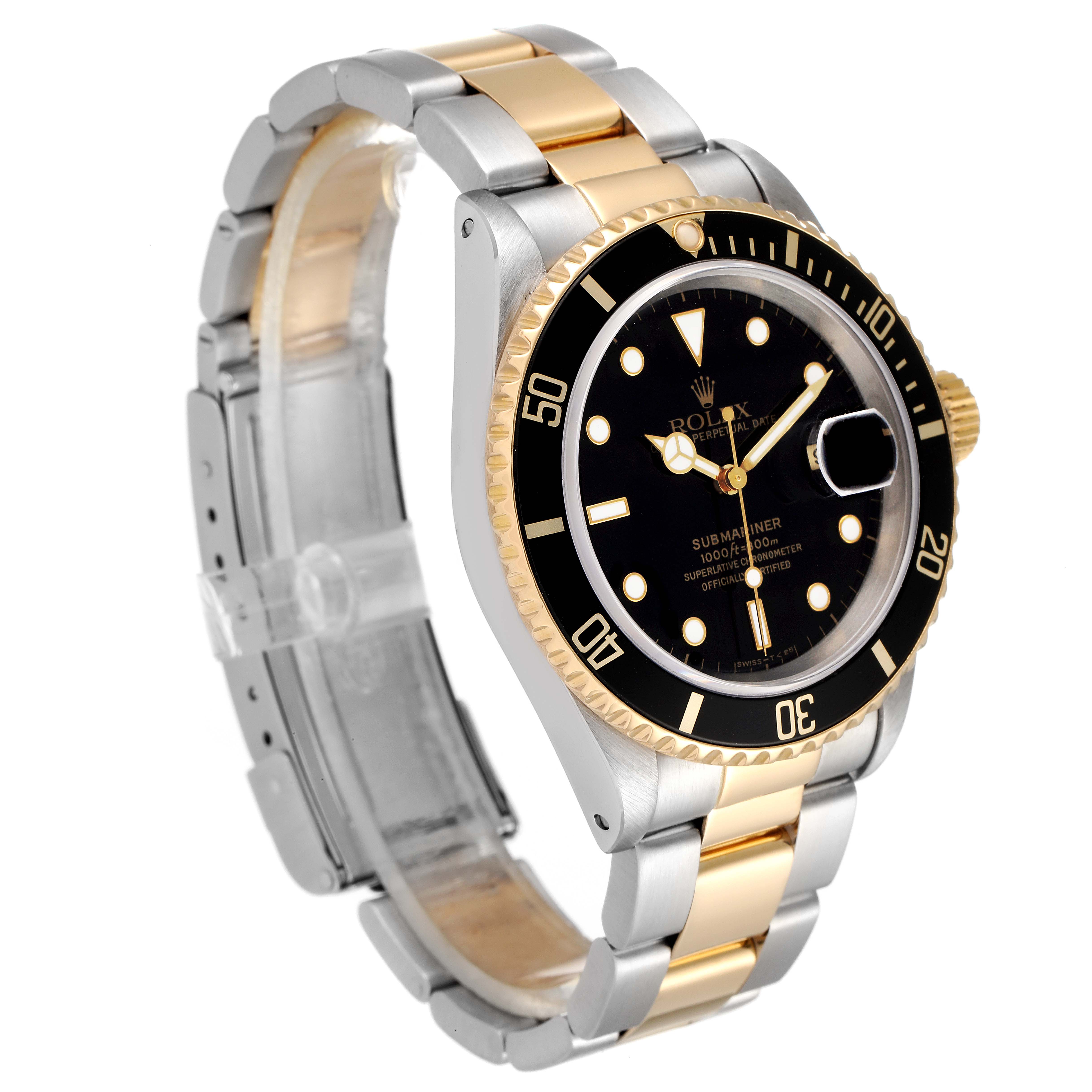 The image shows a Rolex Submariner 16613 Men's Steel and Gold (two tone) Black Dial 16613 Men's Steel and Gold (two tone) Black Dial watch at a three-quarter angled view, displaying the face, bezel, and bracelet.