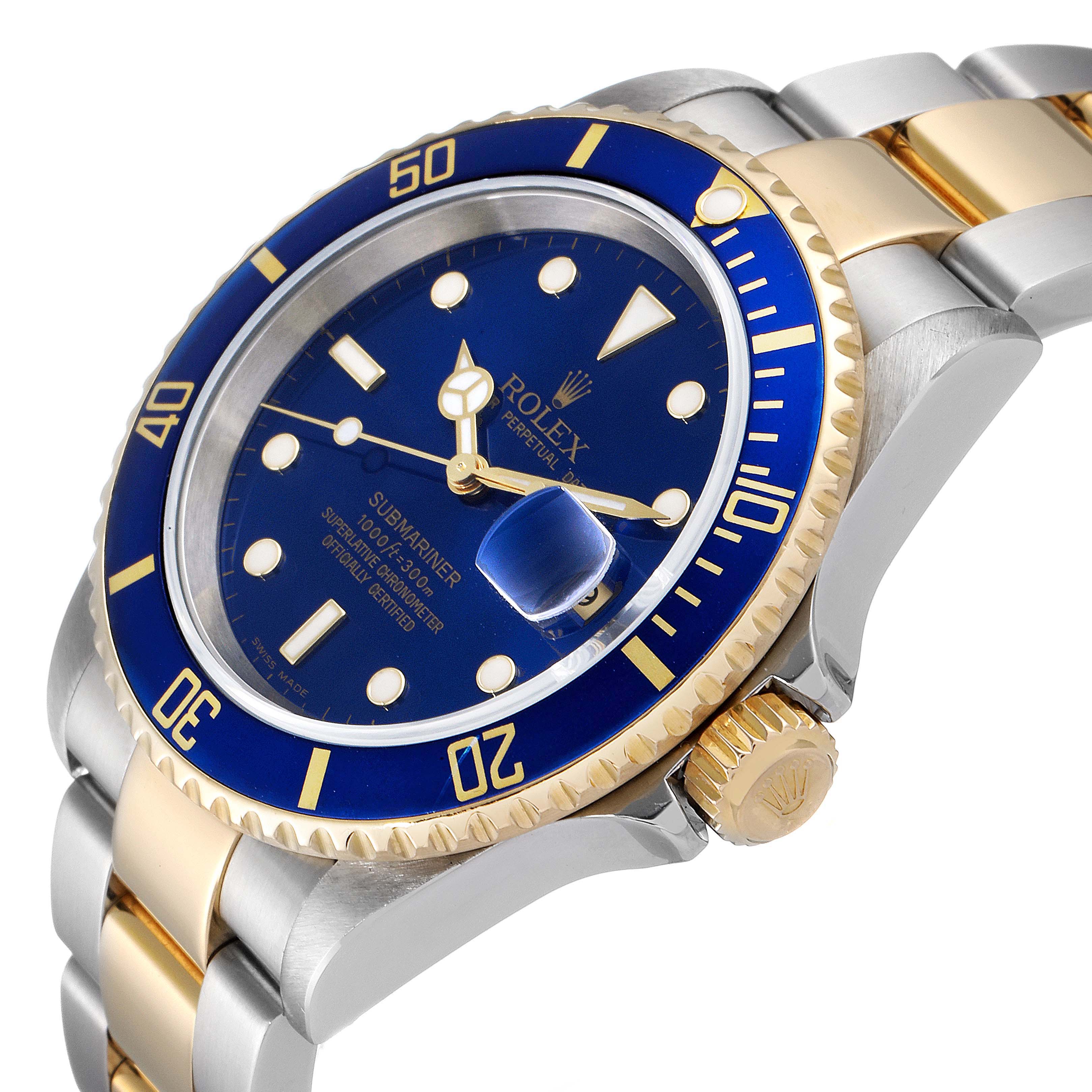 The image shows a side angle of a Rolex Submariner 16613 Men
s Steel and Gold (two tone) Blue Dial 16613 Men
s Steel and Gold (two tone) Blue Dial, displaying its blue dial, bezel, date window, and two-tone bracelet.