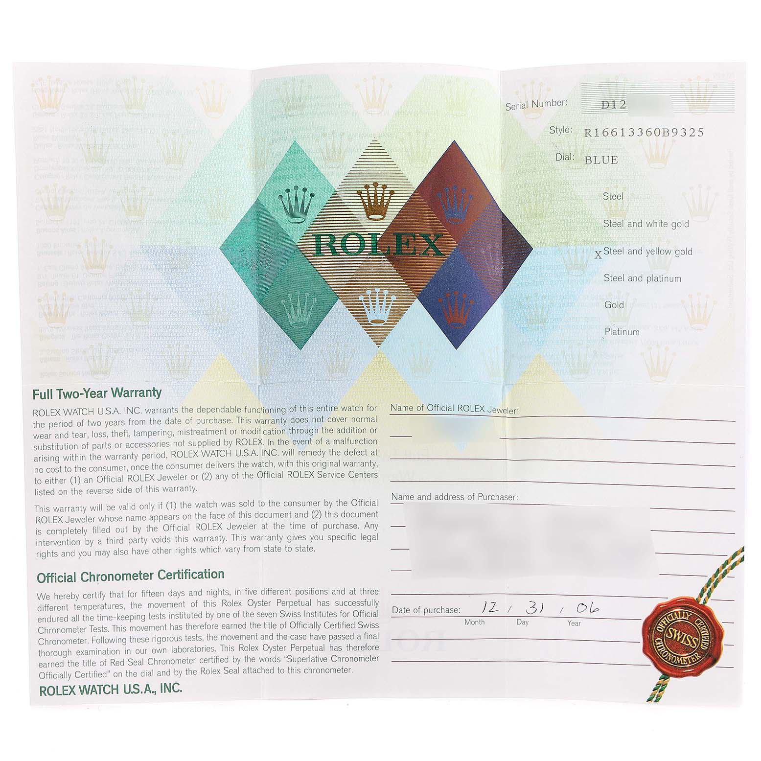 The image shows the warranty card and certification papers for a Rolex Submariner 16613 Men
s Steel and Gold (two tone) Blue Dial 16613 Men
s Steel and Gold (two tone) Blue Dial watch.