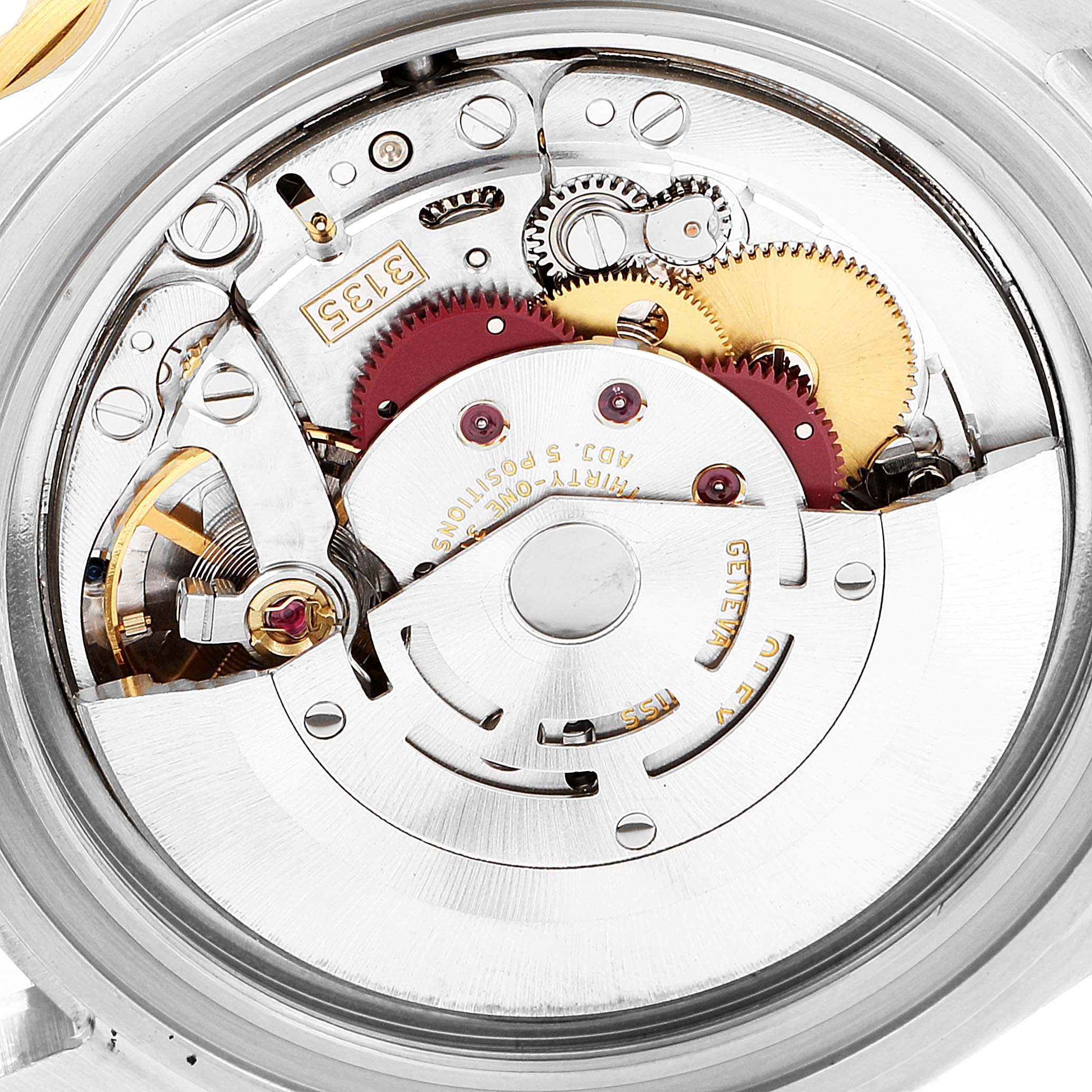 The image shows a close-up view of the movement and inner components of a Rolex Submariner 16613 Men
s Steel and Gold (two tone) Blue Dial 16613 Men
s Steel and Gold (two tone) Blue Dial watch.