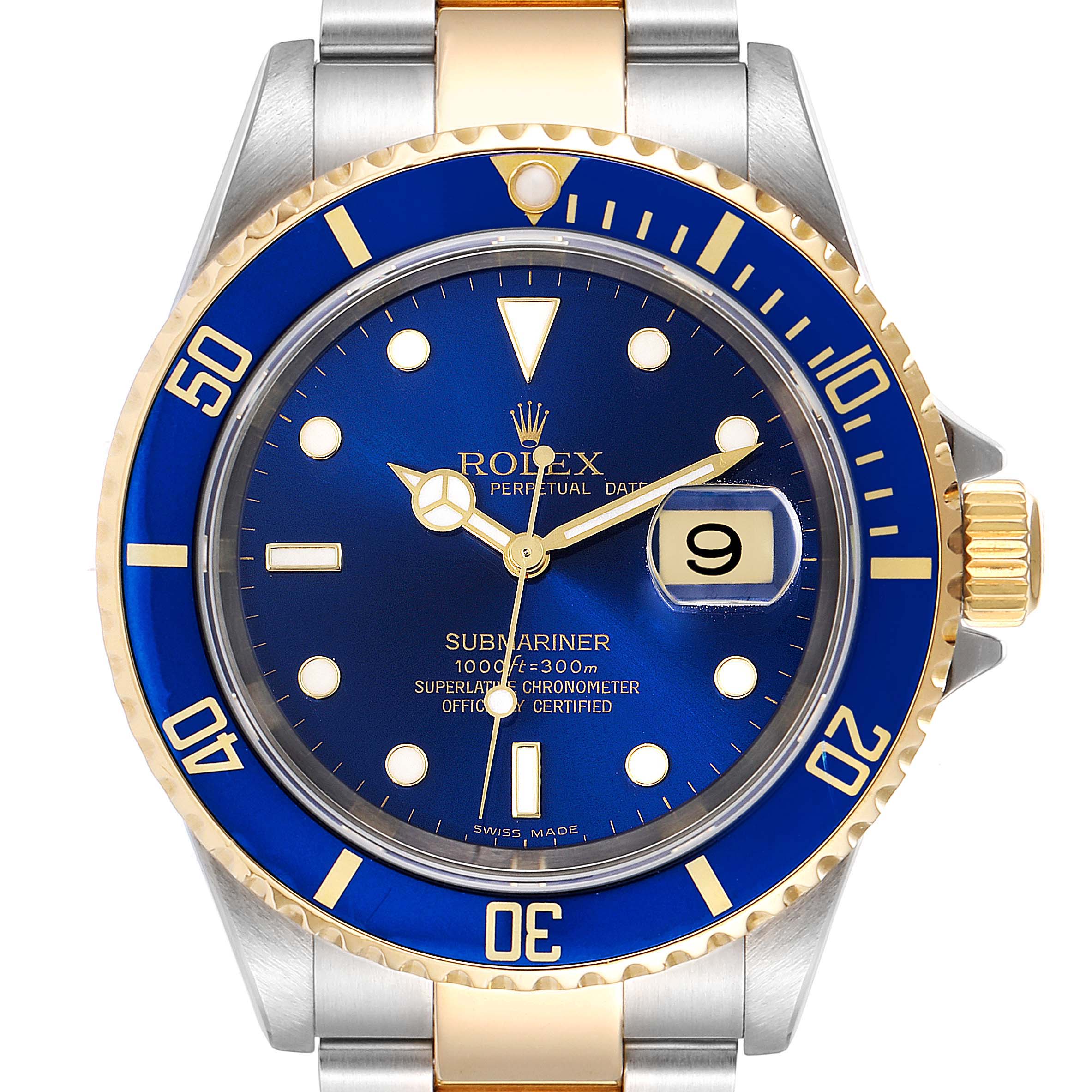 This image shows a Rolex Submariner 16613 Men
s Steel and Gold (two tone) Blue Dial 16613 Men
s Steel and Gold (two tone) Blue Dial watch from the front, highlighting the dial, hands, bezel, and bracelet.