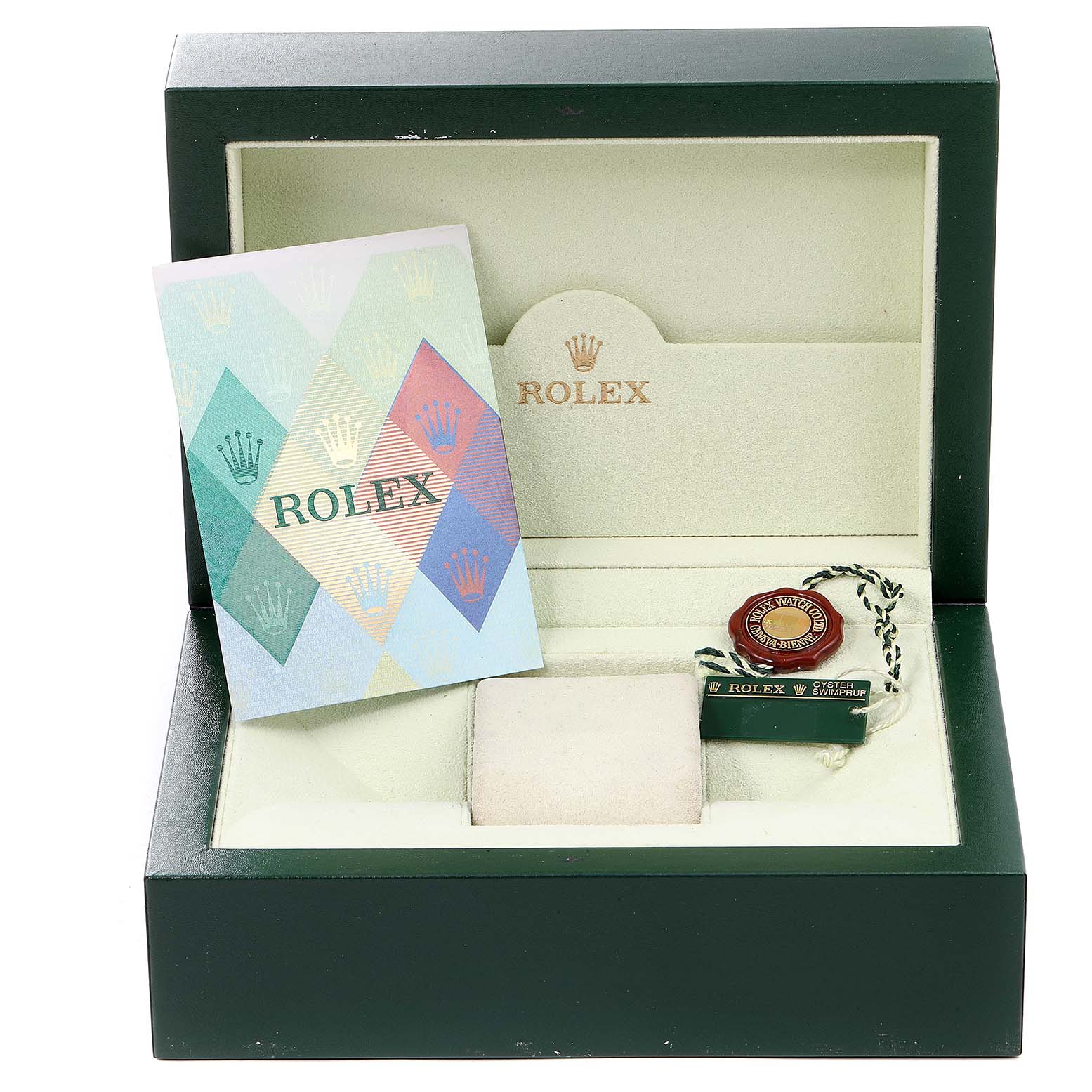 This image shows a Rolex Submariner 16613 Men
s Steel and Gold (two tone) Blue Dial 16613 Men
s Steel and Gold (two tone) Blue Dial watch box with accessories including a booklet and a tag, viewed from the front.