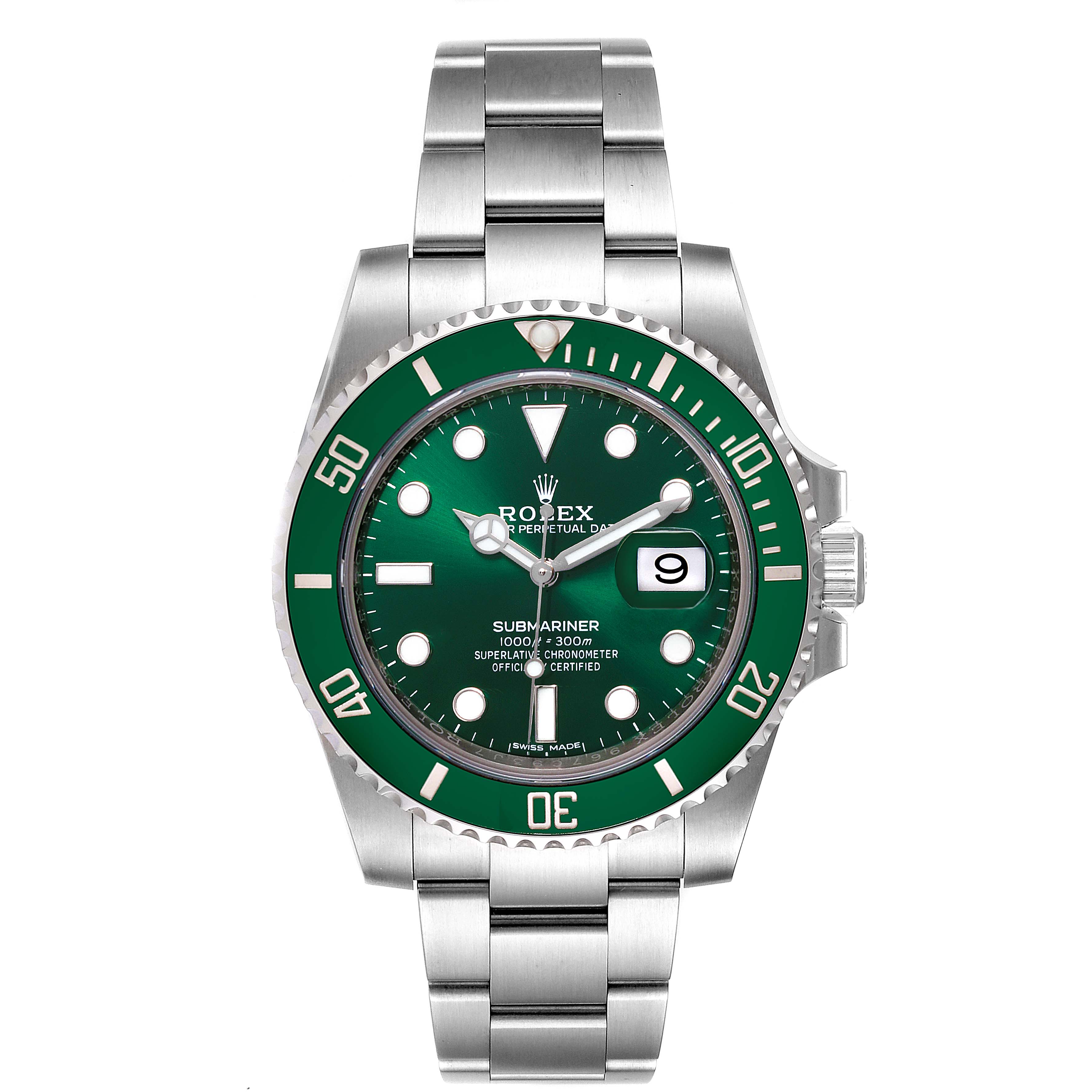 The image shows the front view of a Rolex Submariner 116610LV  Men
s Stainless Steel Green Dial 116610LV  Men
s Stainless Steel Green Dial watch, highlighting its face, bezel, and stainless steel bracelet.