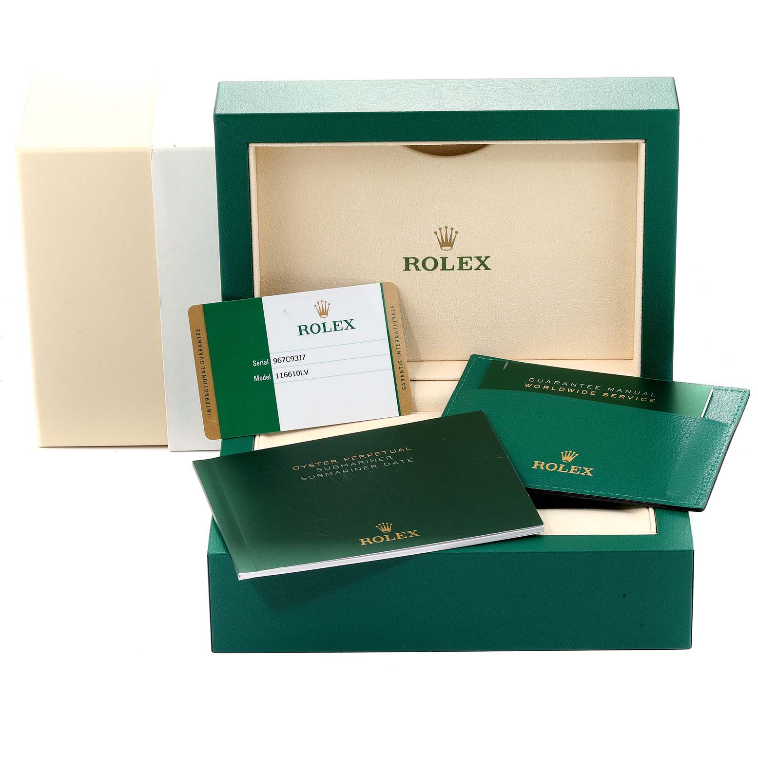 The image shows the packaging, user manuals, and warranty card for a Rolex Submariner 116610LV  Men
s Stainless Steel Green Dial 116610LV  Men
s Stainless Steel Green Dial model.