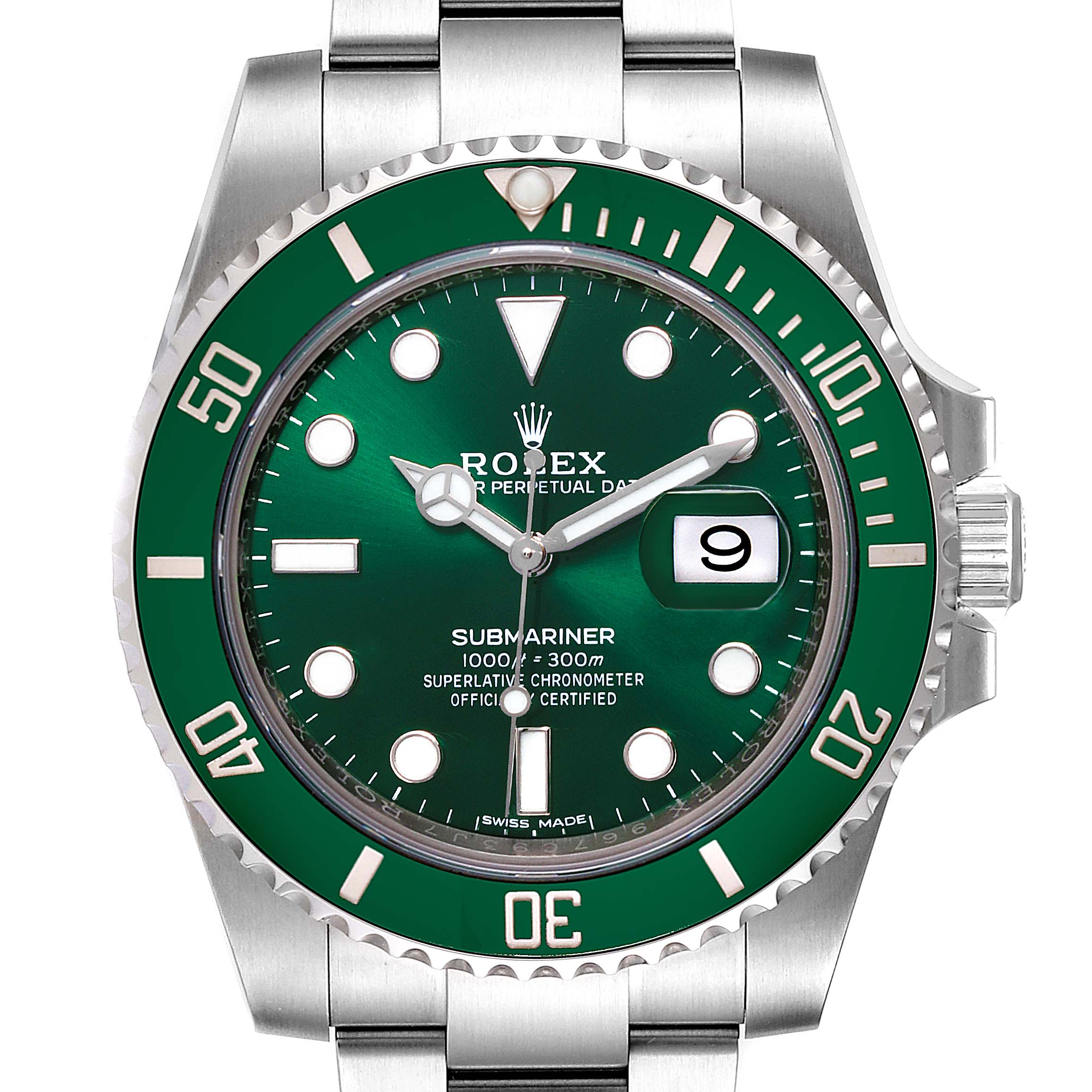 The image shows a front view of the Rolex Submariner 116610LV  Men
s Stainless Steel Green Dial 116610LV  Men
s Stainless Steel Green Dial, displaying its green dial, bezel, date window, and stainless steel bracelet.