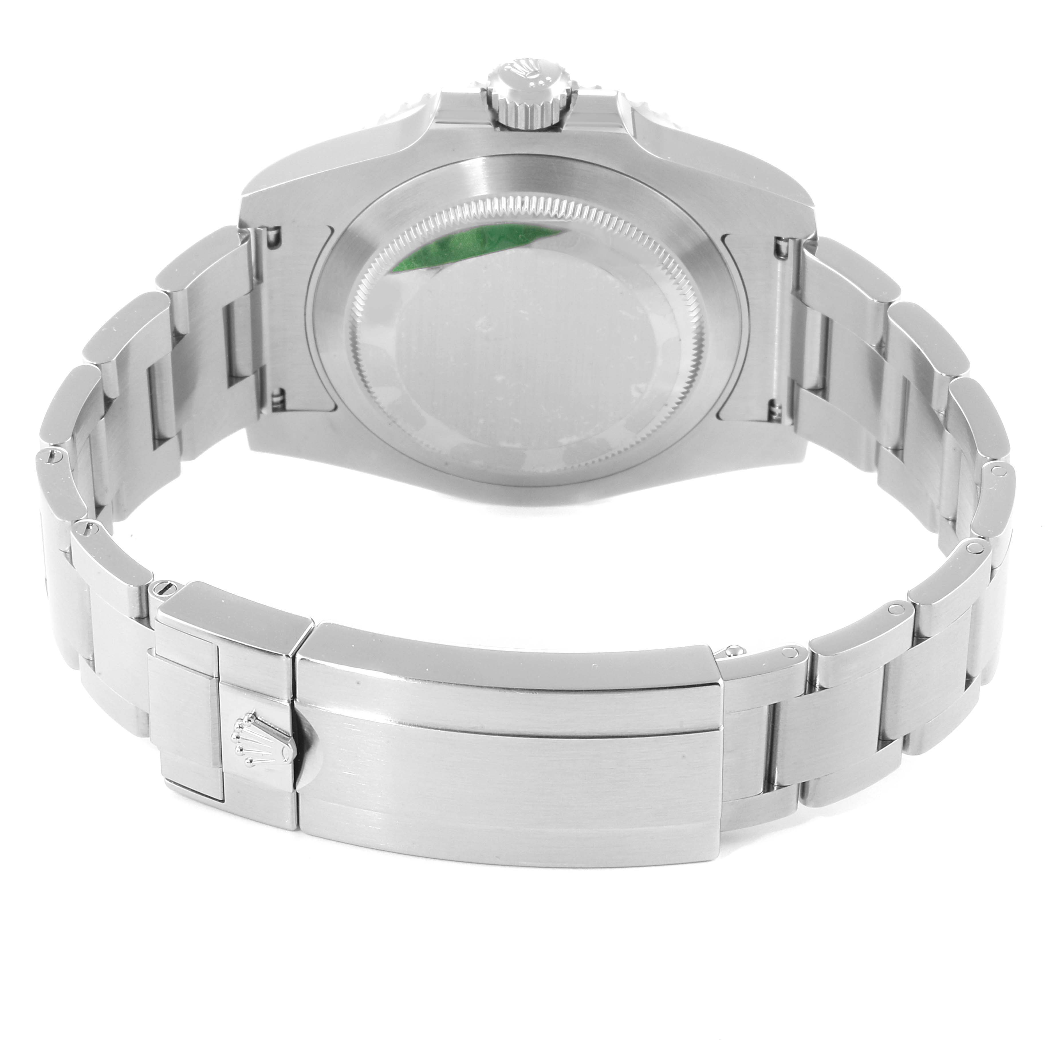 The image shows the back view of a Rolex Submariner 116610LV  Men
s Stainless Steel Green Dial 116610LV  Men
s Stainless Steel Green Dial watch, highlighting the case back, bracelet, and clasp.