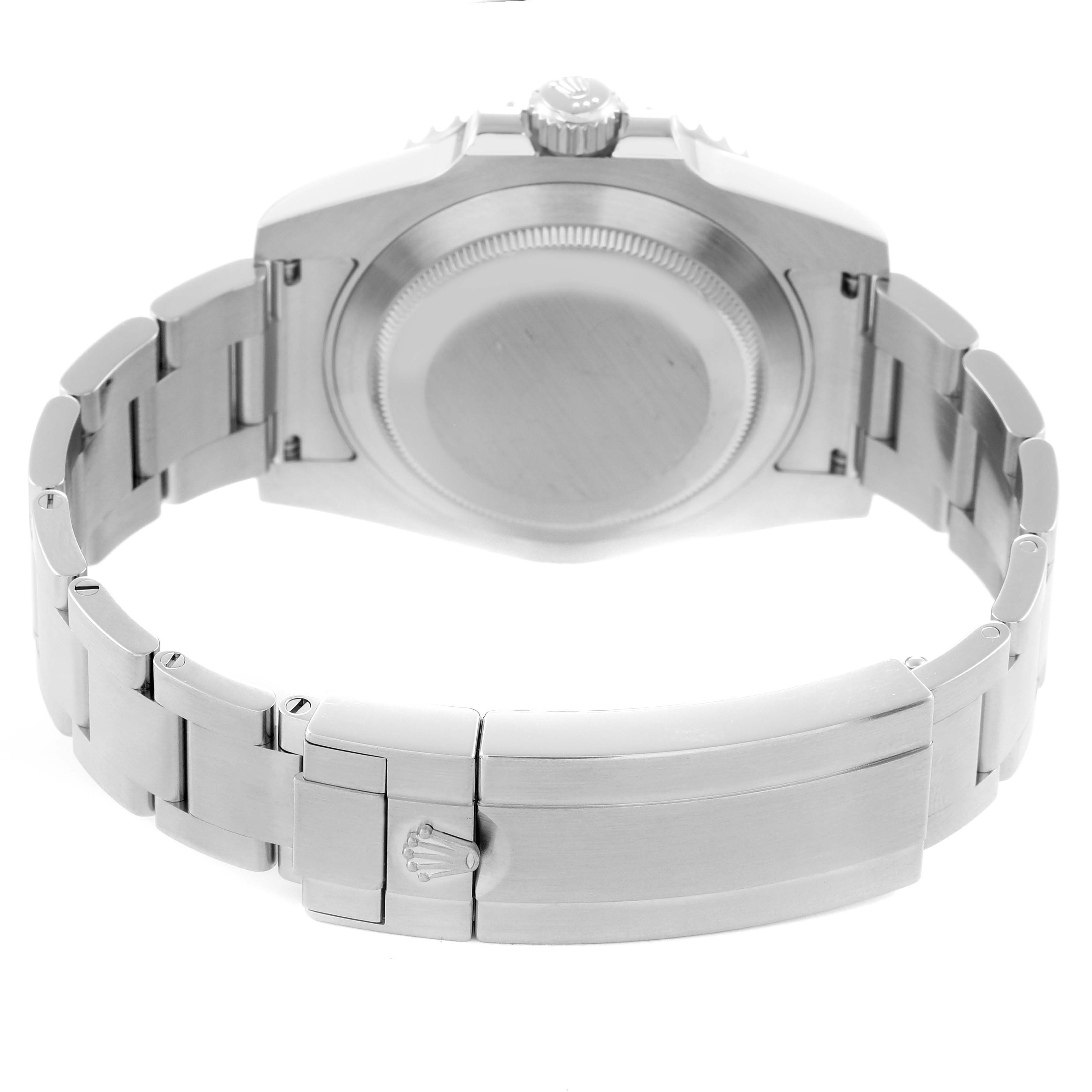 The image shows the back of a Rolex Submariner 116610LV Men
s Stainless Steel Green Dial 116610LV Men
s Stainless Steel Green Dial watch, highlighting the bracelet, clasp, and case back.