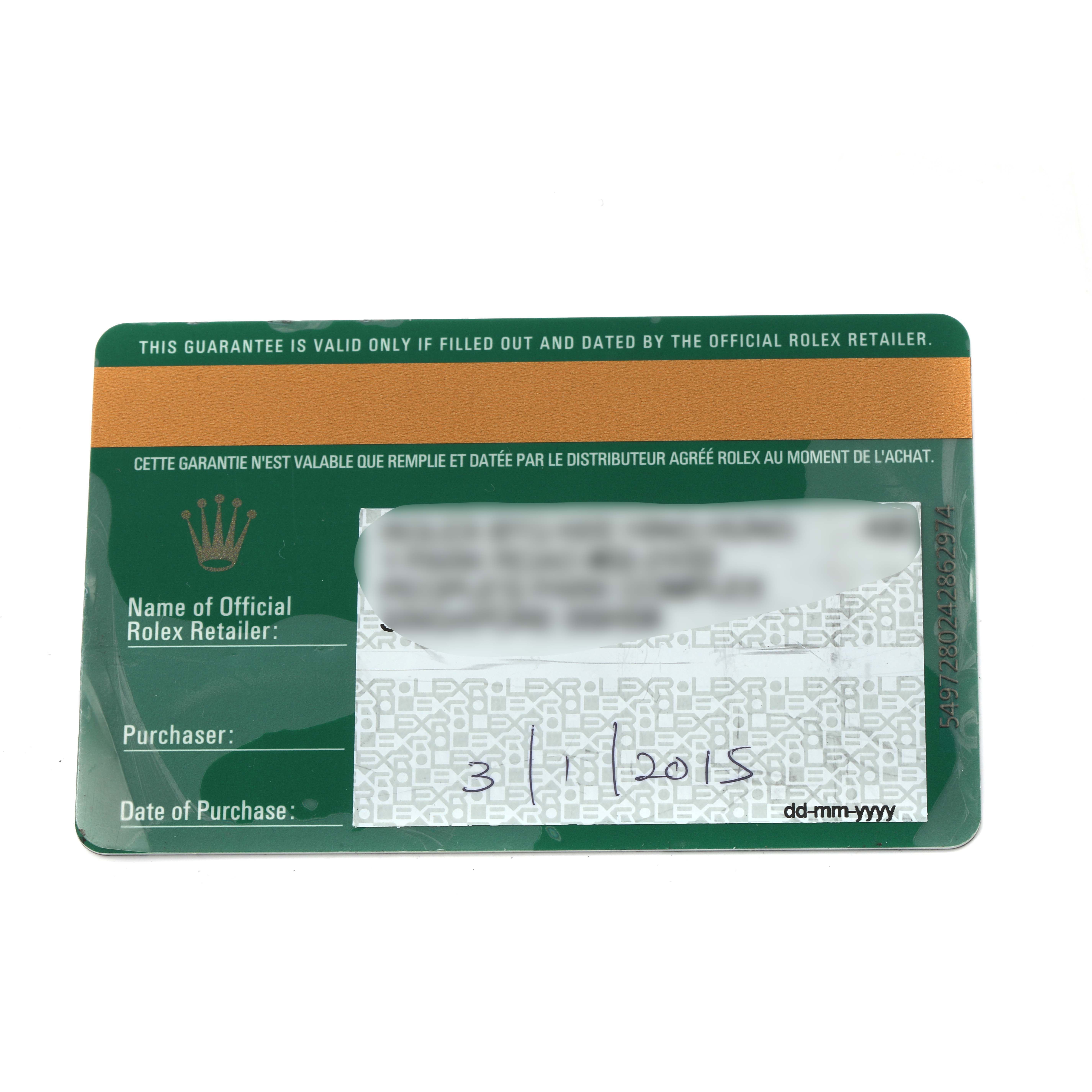 The image shows a warranty card for a Rolex Submariner 116610LV Men
s Stainless Steel Green Dial 116610LV Men
s Stainless Steel Green Dial, featuring the brand name, logo, purchase details, and retailer information.