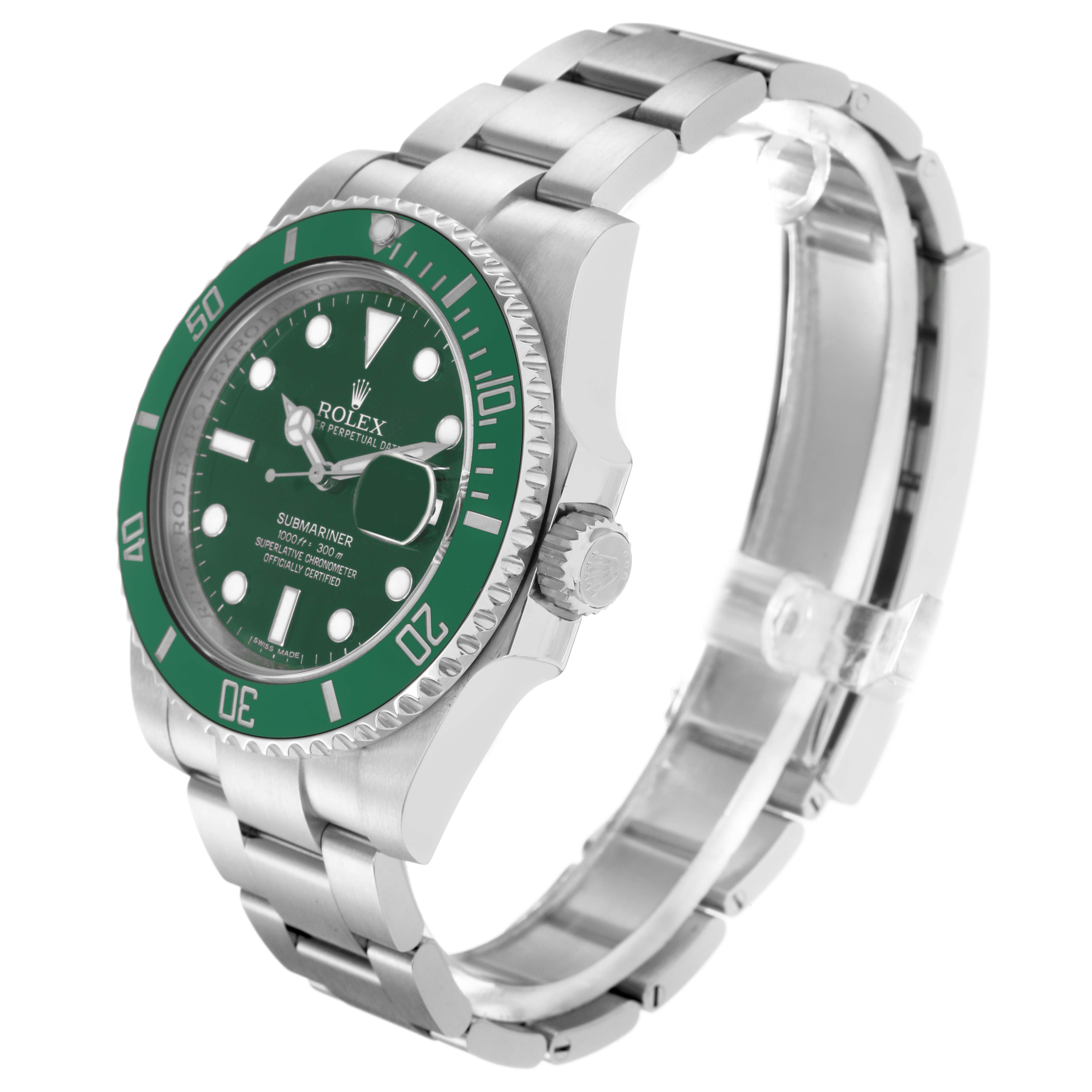The Rolex Submariner 116610LV Men
s Stainless Steel Green Dial 116610LV Men
s Stainless Steel Green Dial watch is shown at a three-quarter angle, displaying the face, bezel, crown, and bracelet.