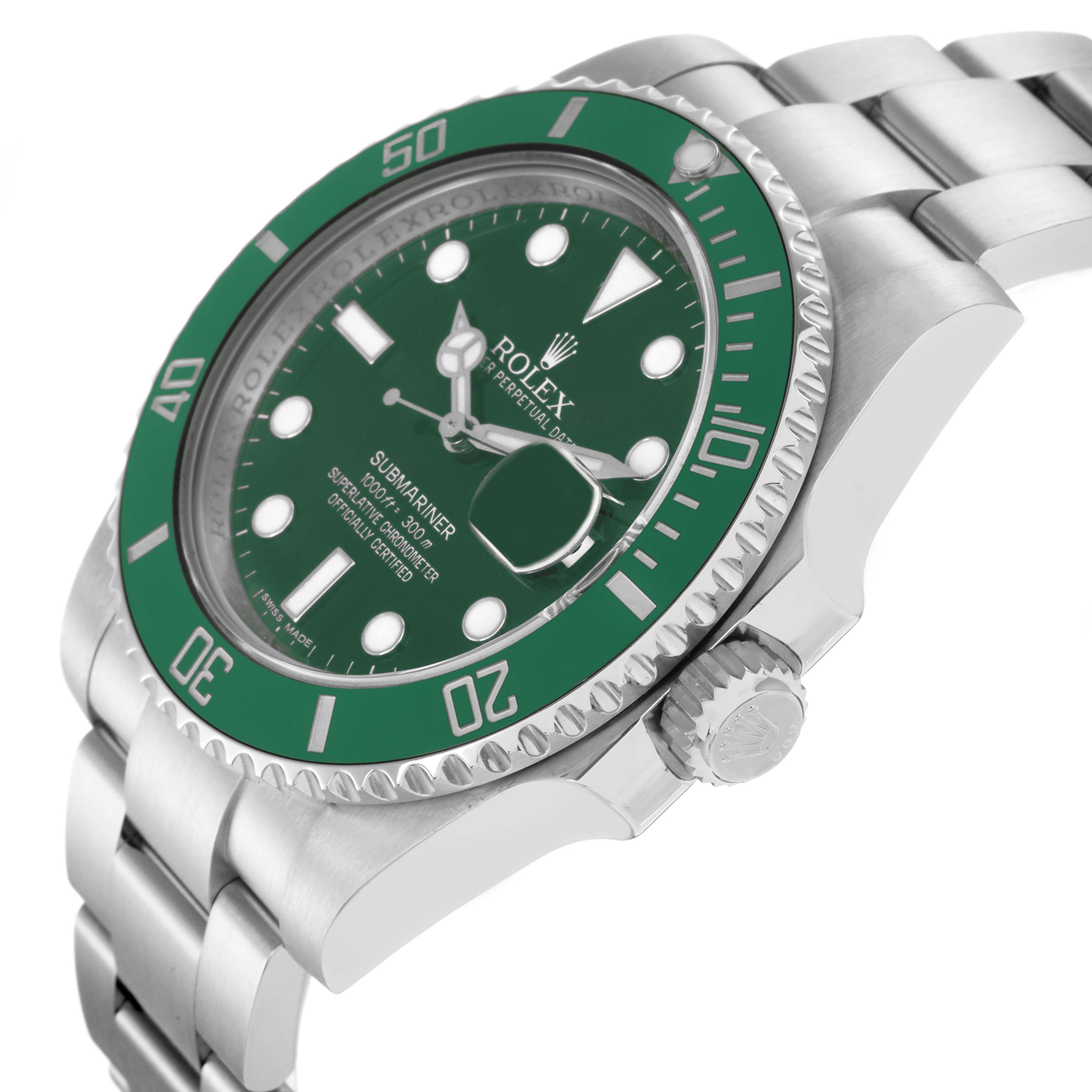 The Rolex Submariner 116610LV Men
s Stainless Steel Green Dial 116610LV Men
s Stainless Steel Green Dial watch is shown from a side angle highlighting the case, dial, bezel, crown, and bracelet.