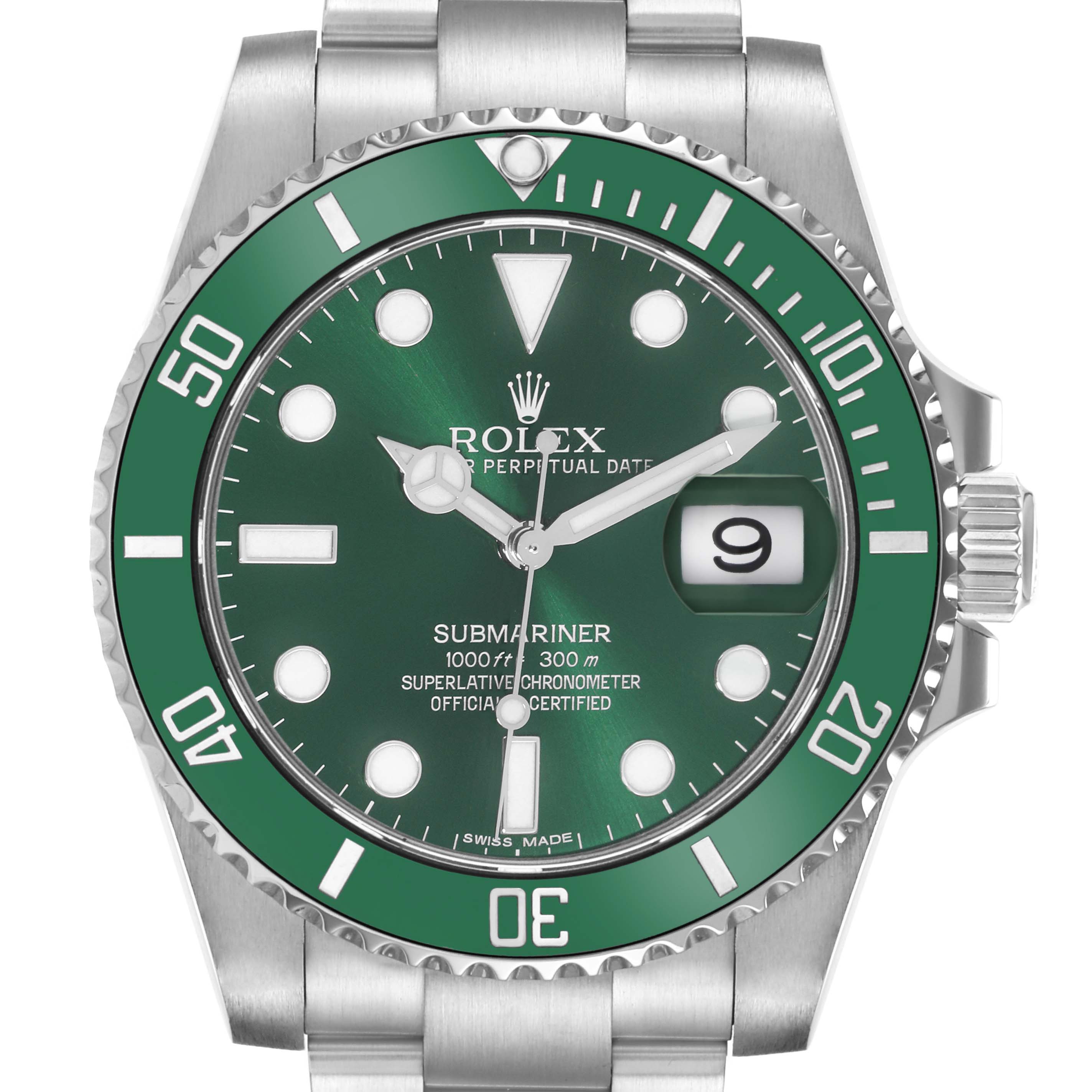 The Rolex Submariner 116610LV Men
s Stainless Steel Green Dial 116610LV Men
s Stainless Steel Green Dial watch is shown from the front, highlighting the green dial, bezel, and date feature.