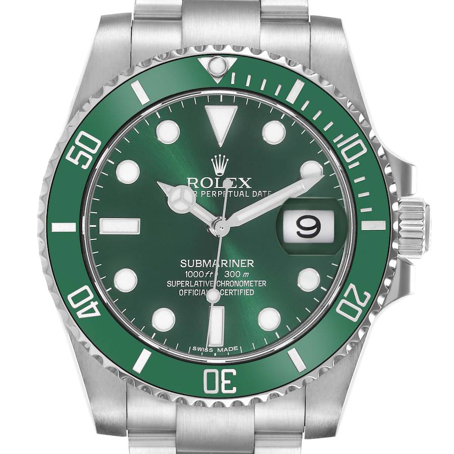 The Rolex Submariner watch is shown from the front, highlighting the green dial, bezel, and date feature.