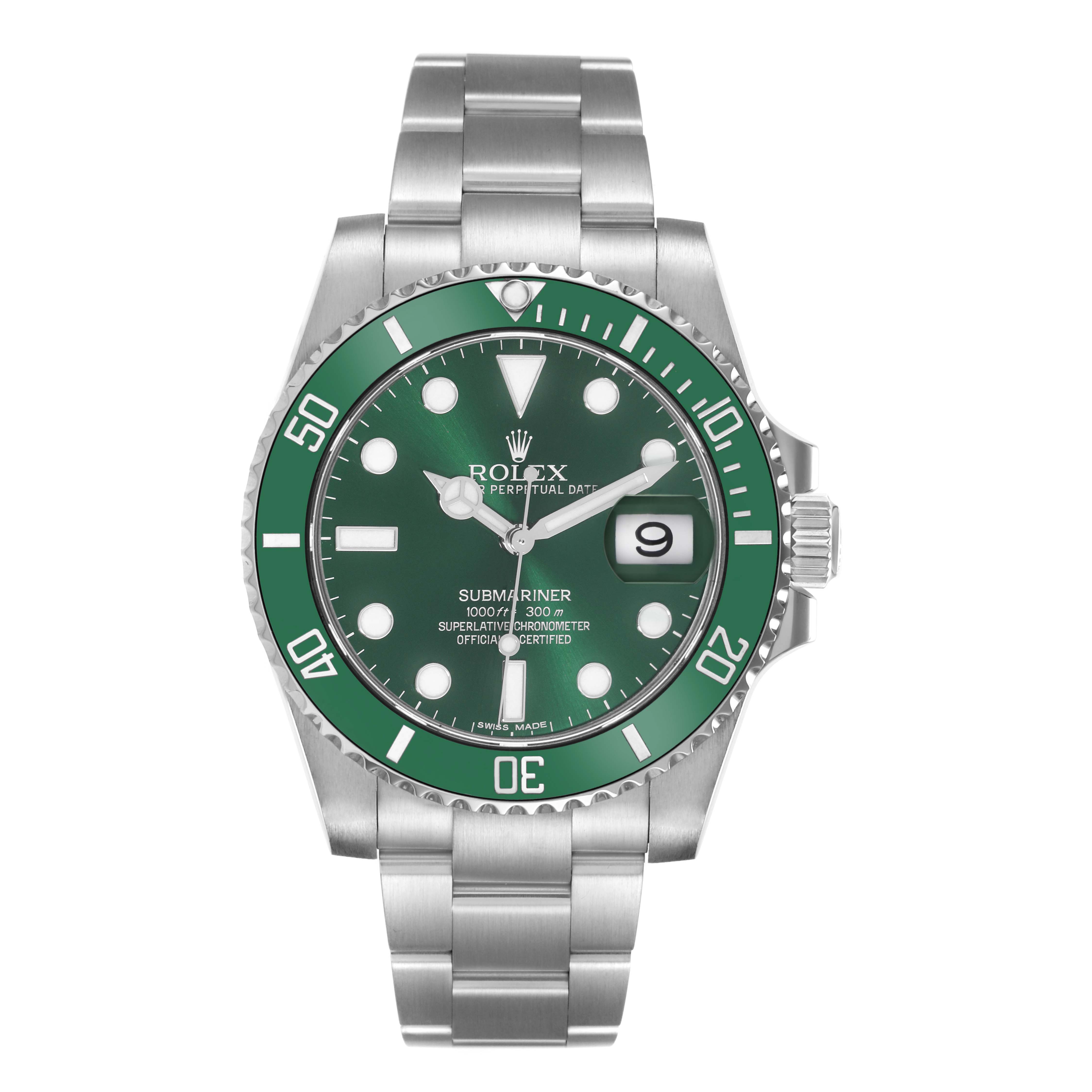 The Rolex Submariner 116610LV Men
s Stainless Steel Green Dial 116610LV Men
s Stainless Steel Green Dial watch is shown from a top-down angle, displaying the bezel, dial, hands, crown, and bracelet.