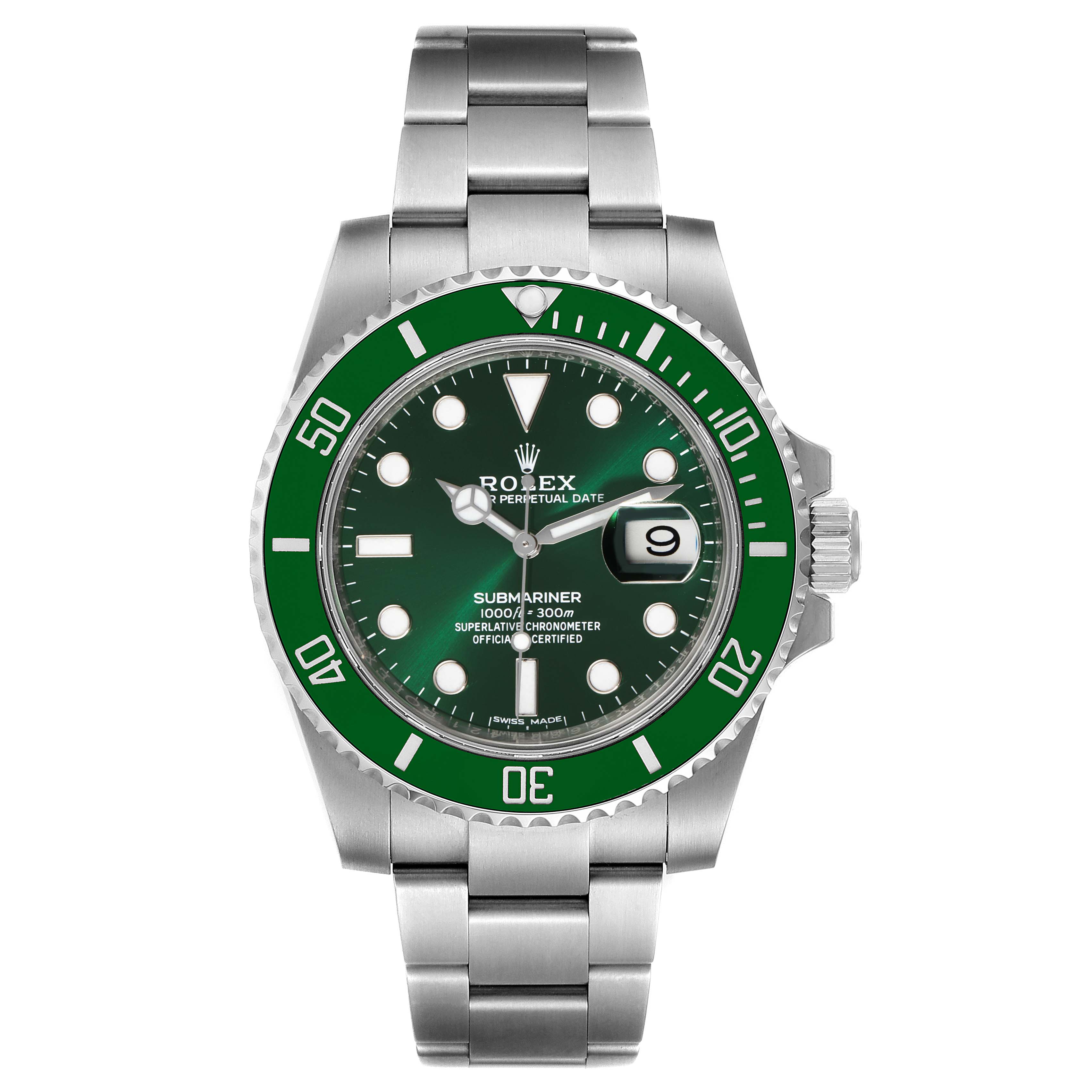 The image displays a front view of a Rolex Submariner 116610LV Men
s Stainless Steel Green Dial 116610LV Men
s Stainless Steel Green Dial watch with a green bezel and dial.