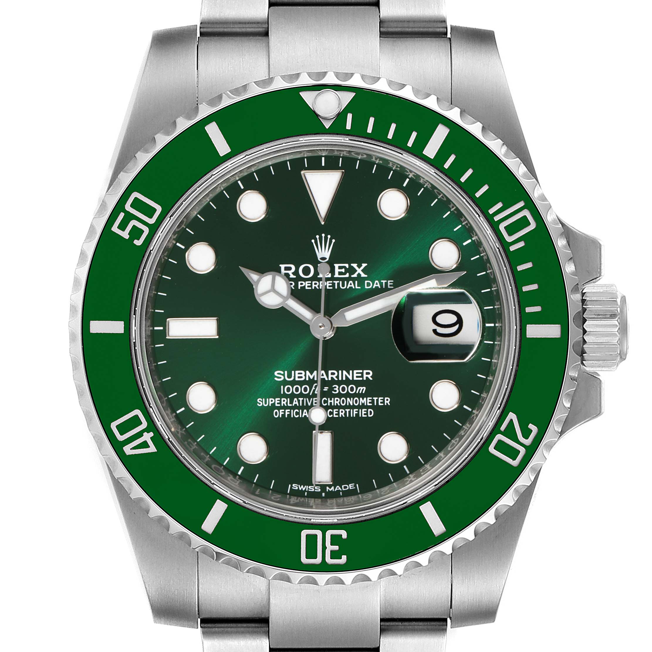 The image shows a front view of the Rolex Submariner 116610LV Men
s Stainless Steel Green Dial 116610LV Men
s Stainless Steel Green Dial watch, highlighting its green bezel, dial, and date window.