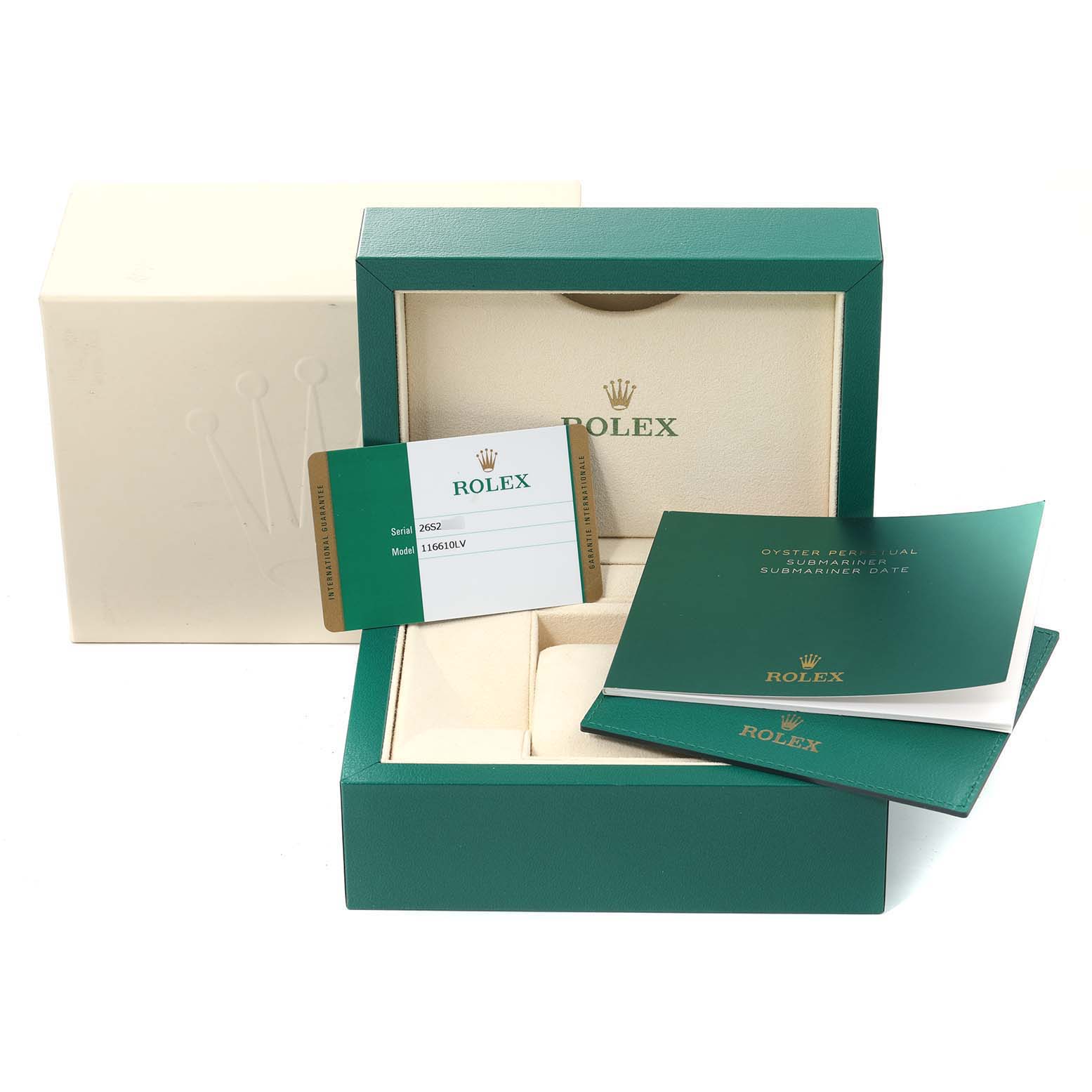 The image shows the open box, warranty card, and booklets for a Rolex Submariner 116610LV Men
s Stainless Steel Green Dial 116610LV Men
s Stainless Steel Green Dial watch model.