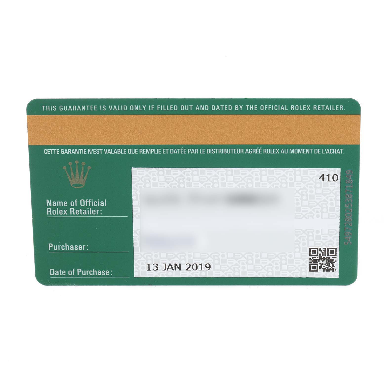 This image shows the front side of a warranty card for a Rolex Submariner 116610LV Men
s Stainless Steel Green Dial 116610LV Men
s Stainless Steel Green Dial watch.