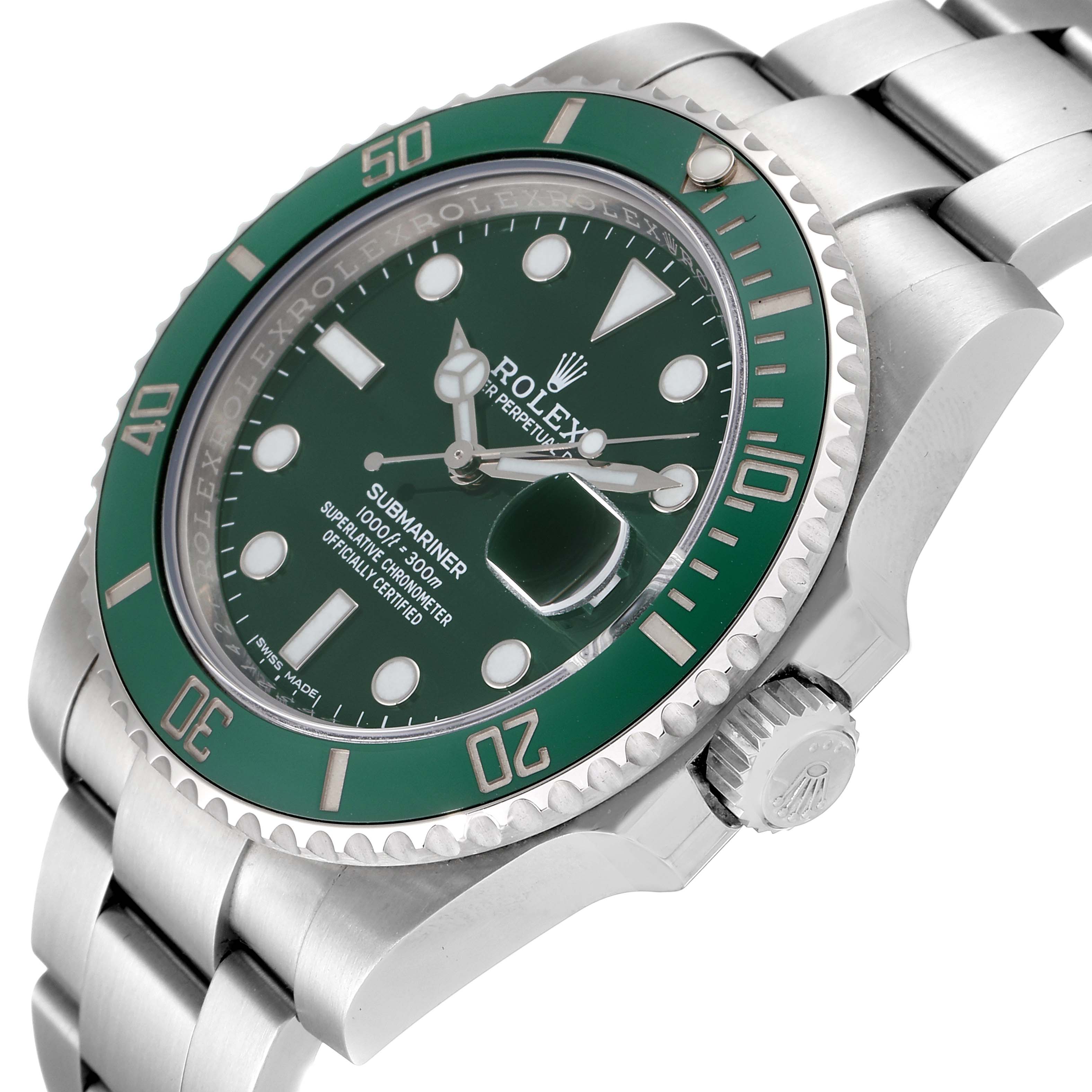 The image shows a close-up angle of the Rolex Submariner 116610LV Men
s Stainless Steel Green Dial 116610LV Men
s Stainless Steel Green Dial watch, highlighting its green bezel, dial, and stainless steel bracelet.