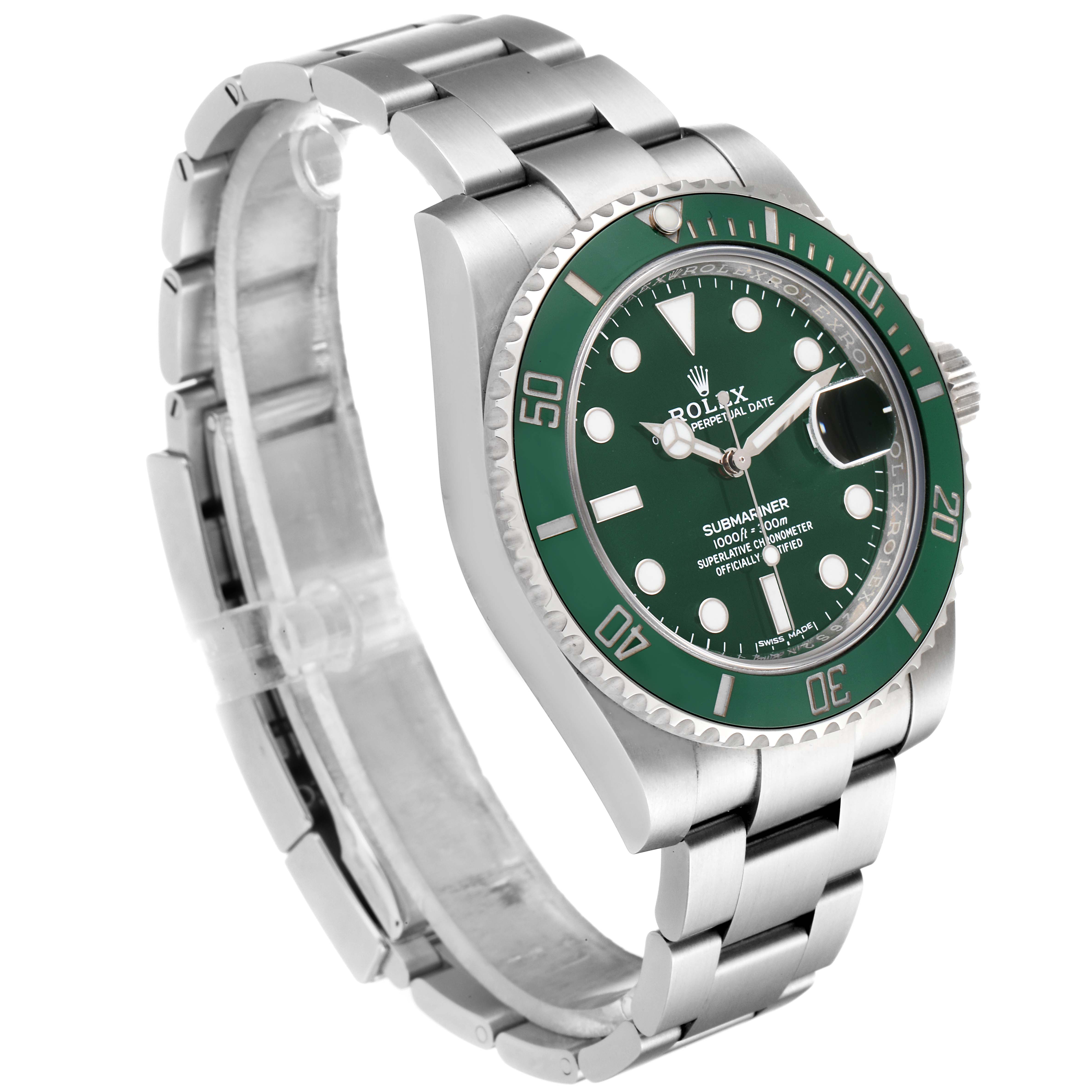 The image shows a side-angled view of a Rolex Submariner 116610LV Men
s Stainless Steel Green Dial 116610LV Men
s Stainless Steel Green Dial watch, displaying its green bezel, dial, and stainless steel bracelet.