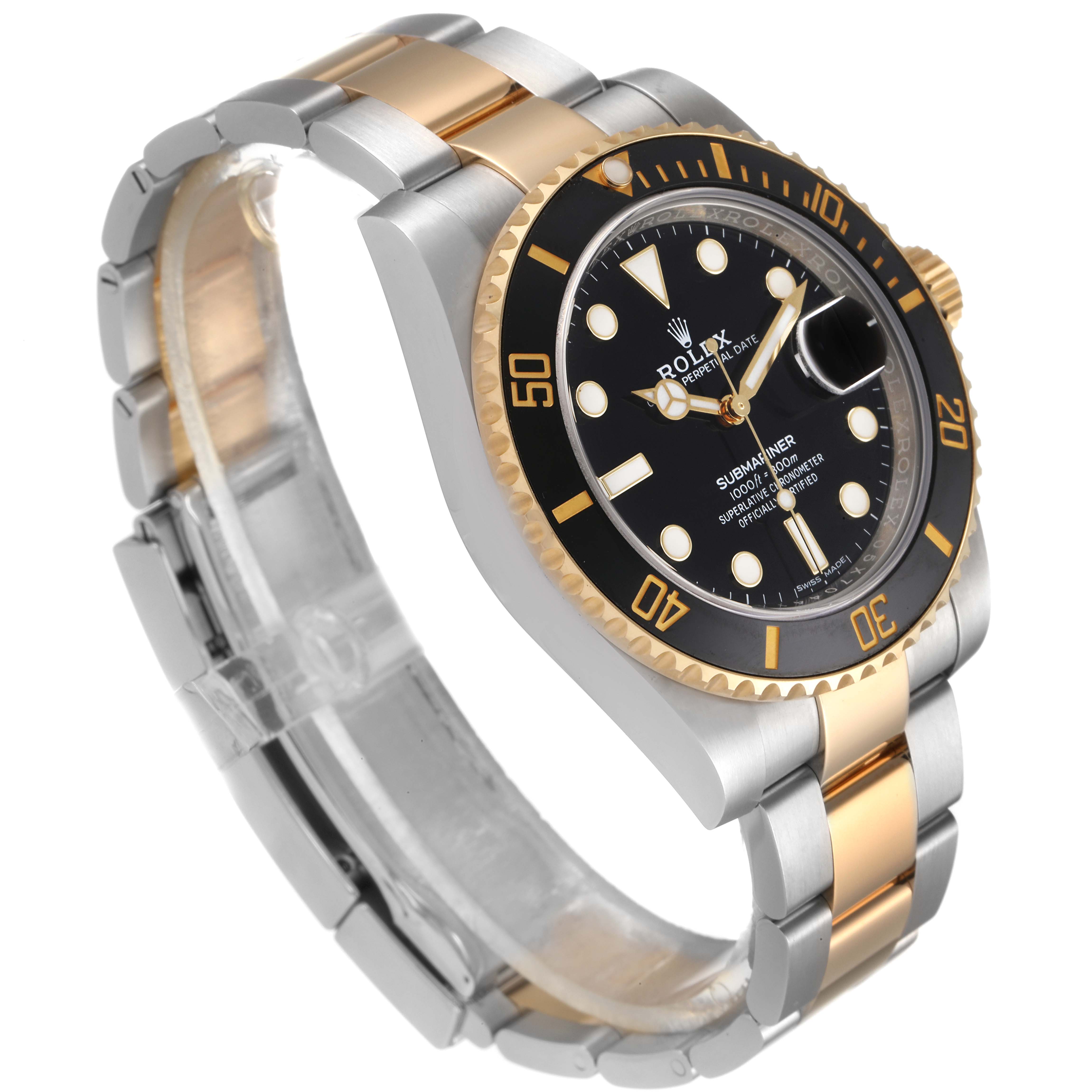 The image shows a Rolex Submariner 116613 Men
s Steel and Gold (two tone) Black Dial 116613 Men
s Steel and Gold (two tone) Black Dial watch from a side angle, showcasing its dial, bezel, and metal link bracelet.