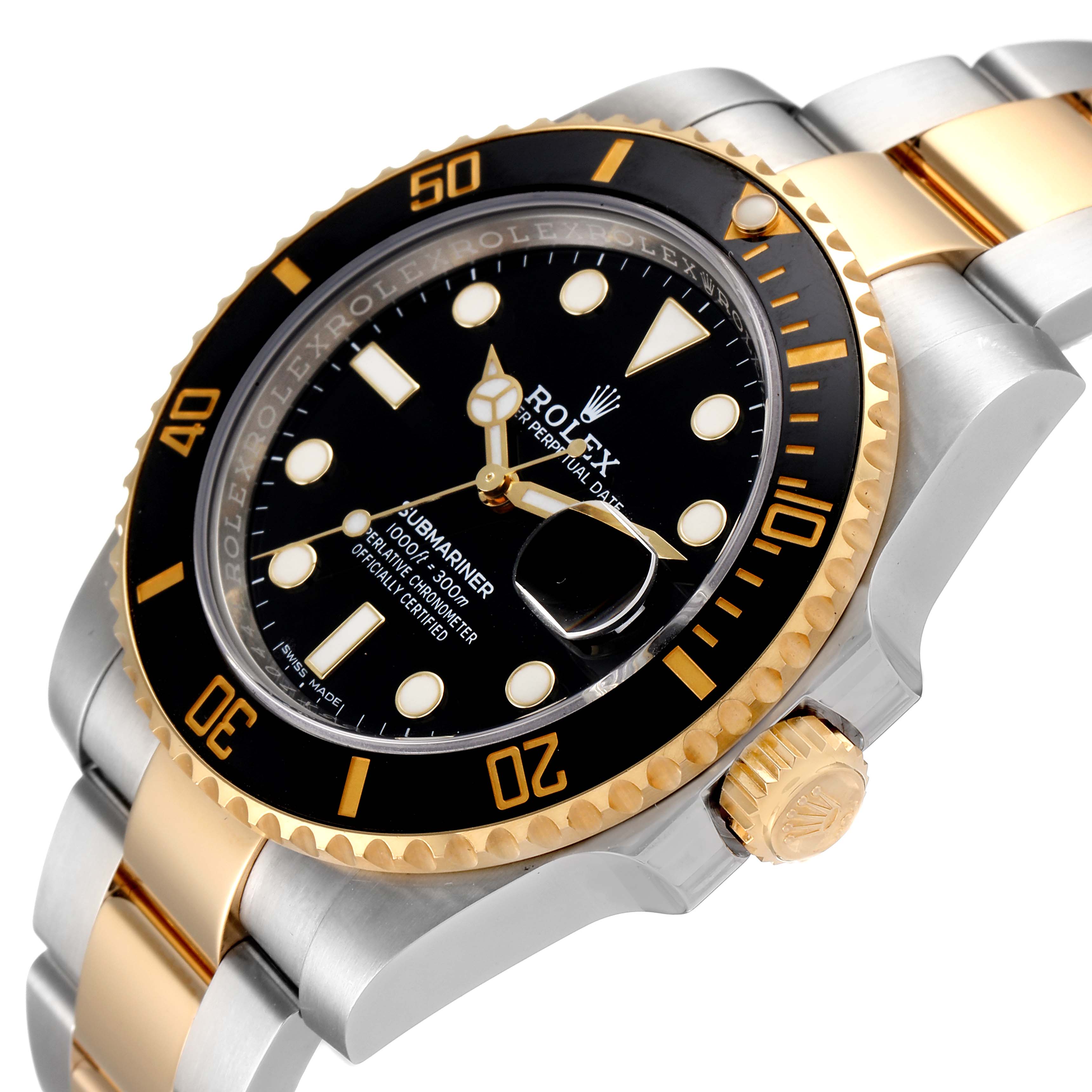 The image shows a close-up angled view of the Rolex Submariner 116613 Men
s Steel and Gold (two tone) Black Dial 116613 Men
s Steel and Gold (two tone) Black Dial watch with a black and gold bezel, and a black dial.