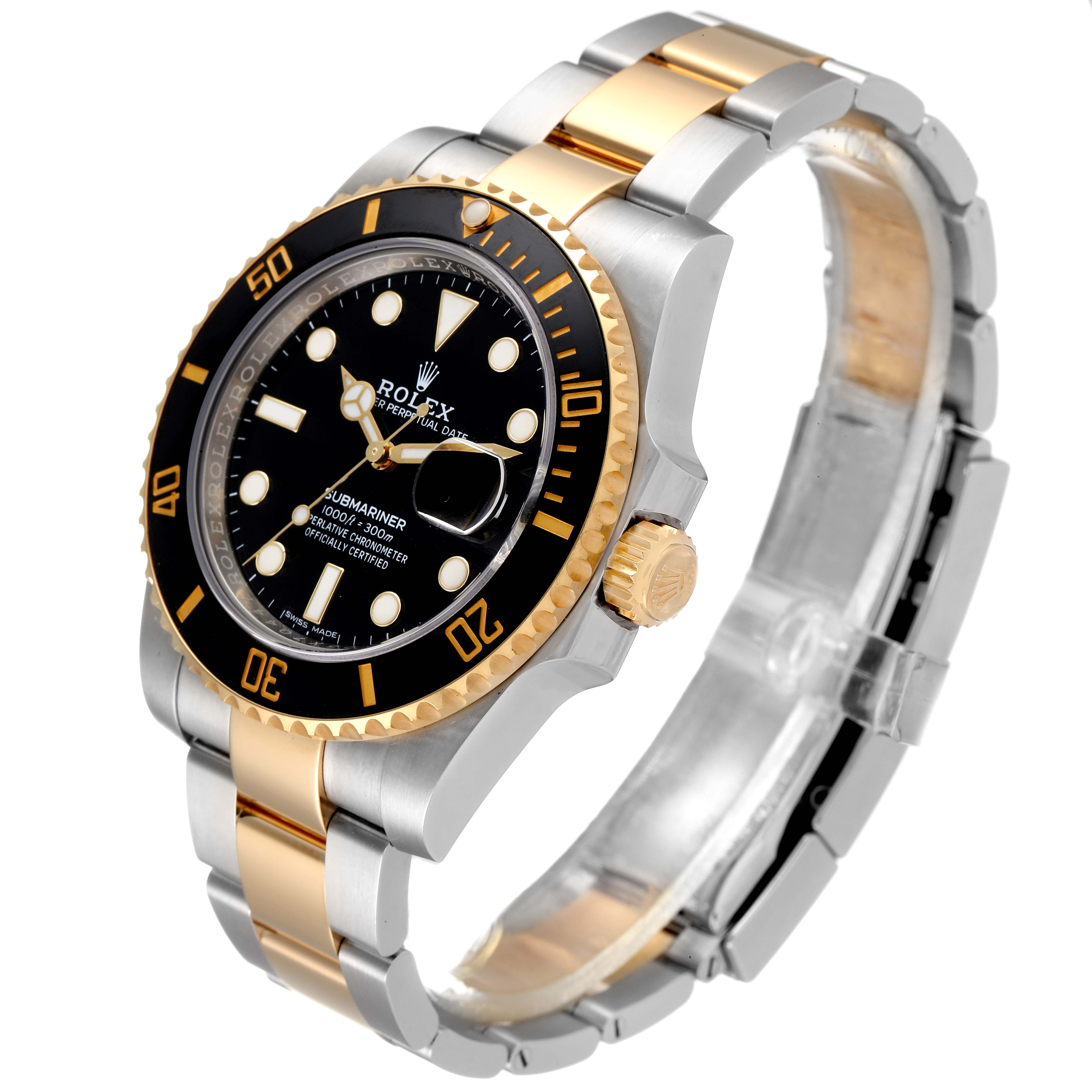 The image shows a Rolex Submariner 116613 Men
s Steel and Gold (two tone) Black Dial 116613 Men
s Steel and Gold (two tone) Black Dial watch at a three-quarter angle, highlighting the black dial, bezel, and two-tone bracelet.