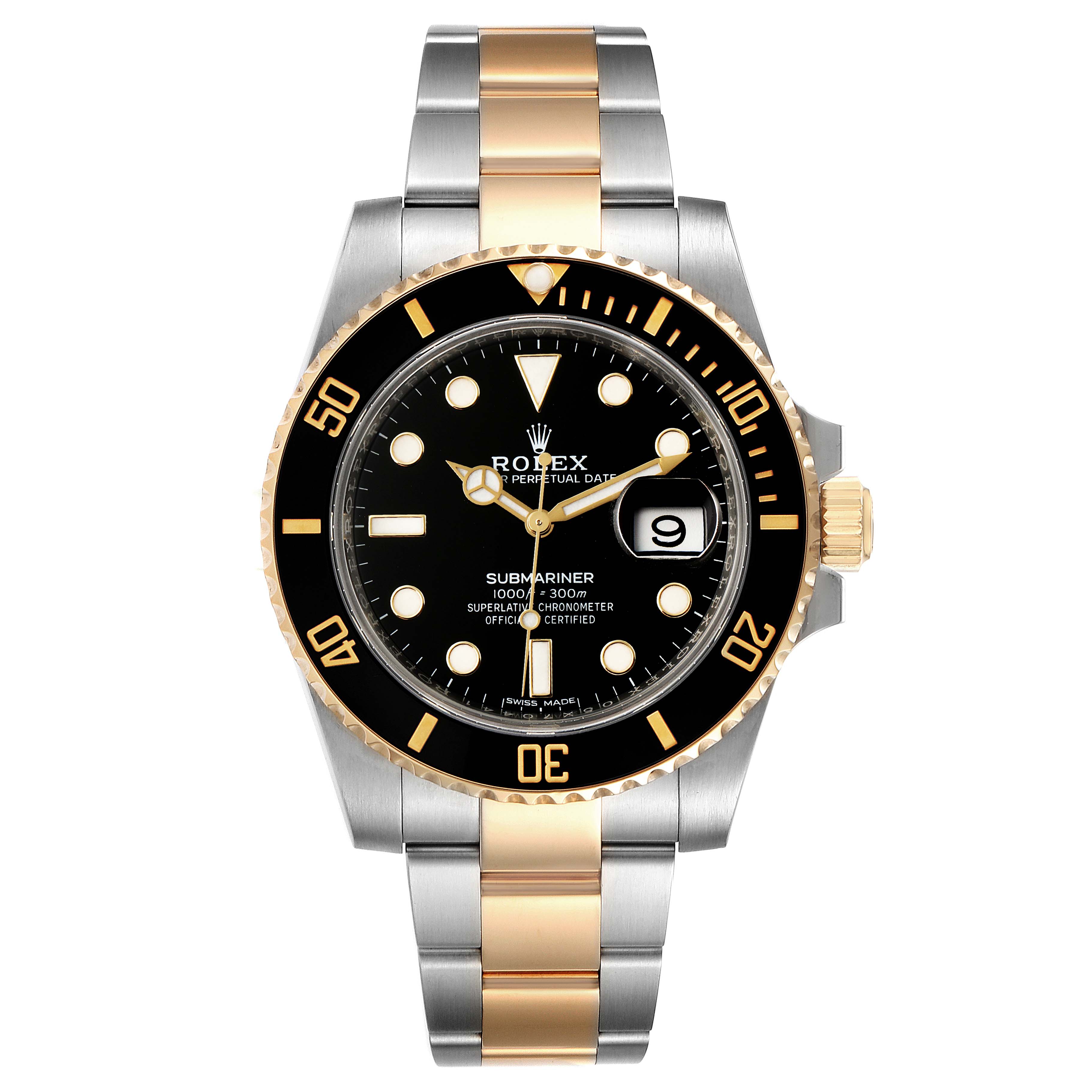 The image shows the front view of a Rolex Submariner 116613 Men
s Steel and Gold (two tone) Black Dial 116613 Men
s Steel and Gold (two tone) Black Dial watch with a black dial and two-tone bracelet.