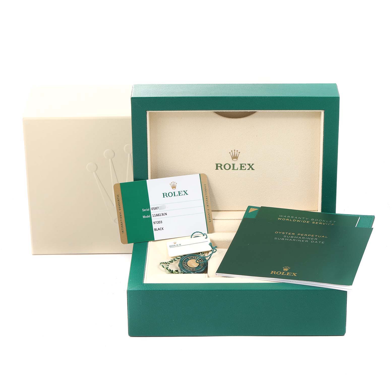 The image shows the accessories for a Rolex Submariner 116613 Men
s Steel and Gold (two tone) Black Dial 116613 Men
s Steel and Gold (two tone) Black Dial, including the box, warranty booklet, and tag.