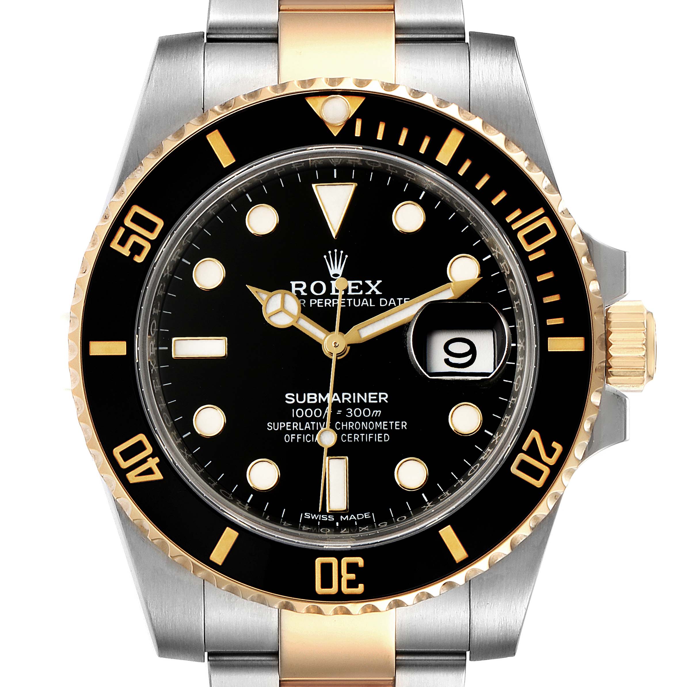This image shows the face, bezel, crown, and part of the bracelet of a Rolex Submariner 116613 Men
s Steel and Gold (two tone) Black Dial 116613 Men
s Steel and Gold (two tone) Black Dial watch.