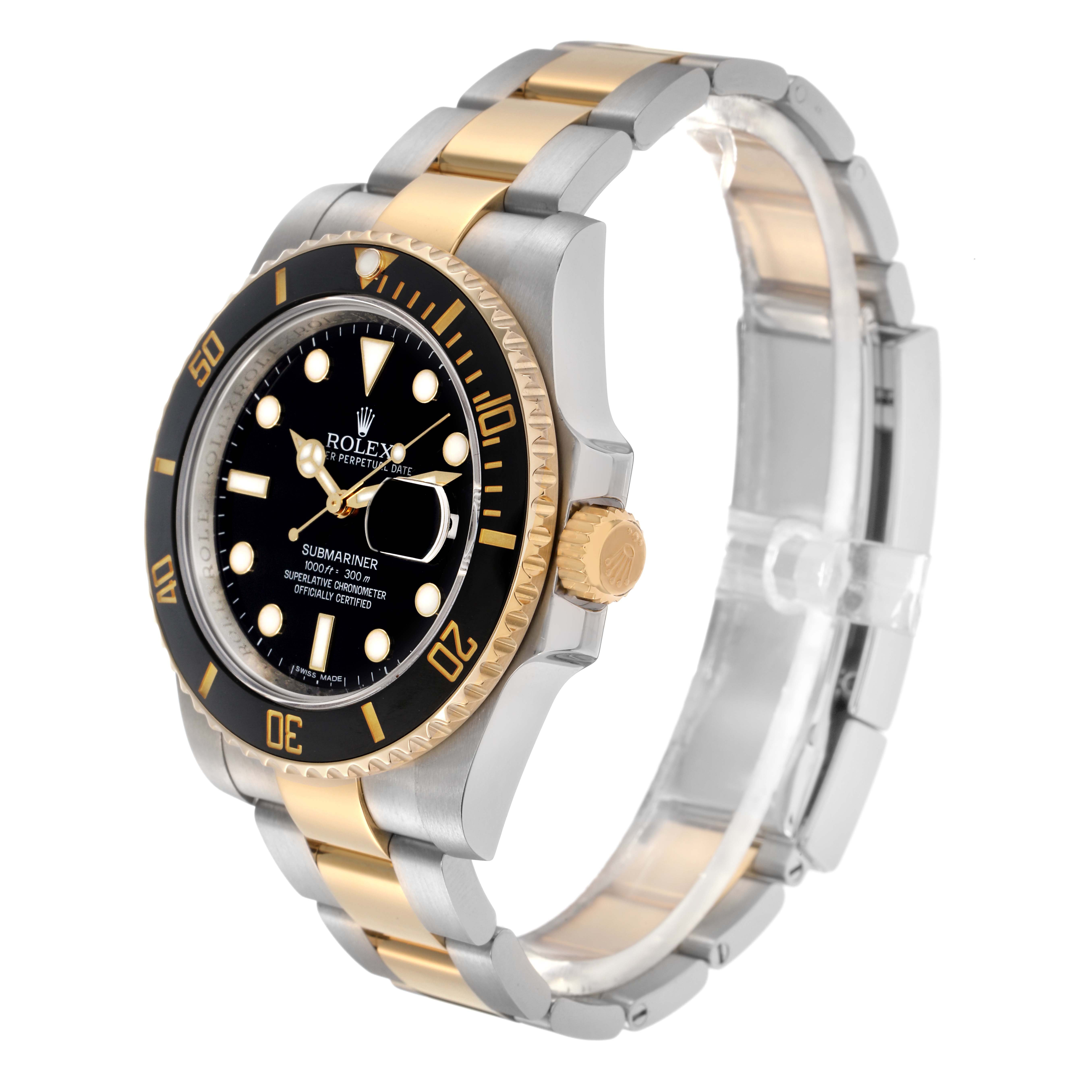 The Rolex Submariner 116613 Men
s Steel and Gold (two tone) Black Dial 116613 Men
s Steel and Gold (two tone) Black Dial watch is shown at a three-quarter angle, highlighting the face, bezel, and bracelet.