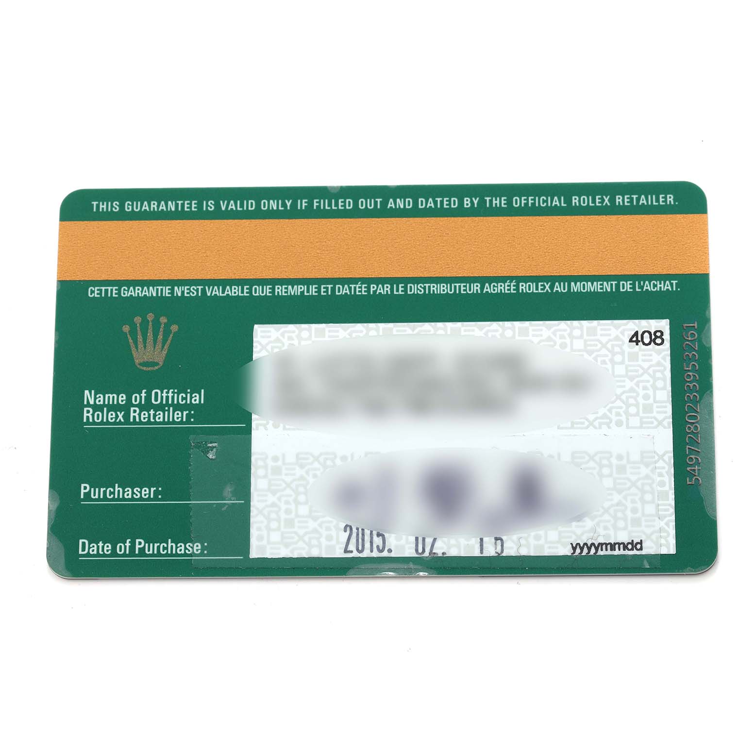 This image shows a guarantee card for a Rolex Submariner 116613 Men
s Steel and Gold (two tone) Black Dial 116613 Men
s Steel and Gold (two tone) Black Dial, viewed from the front.