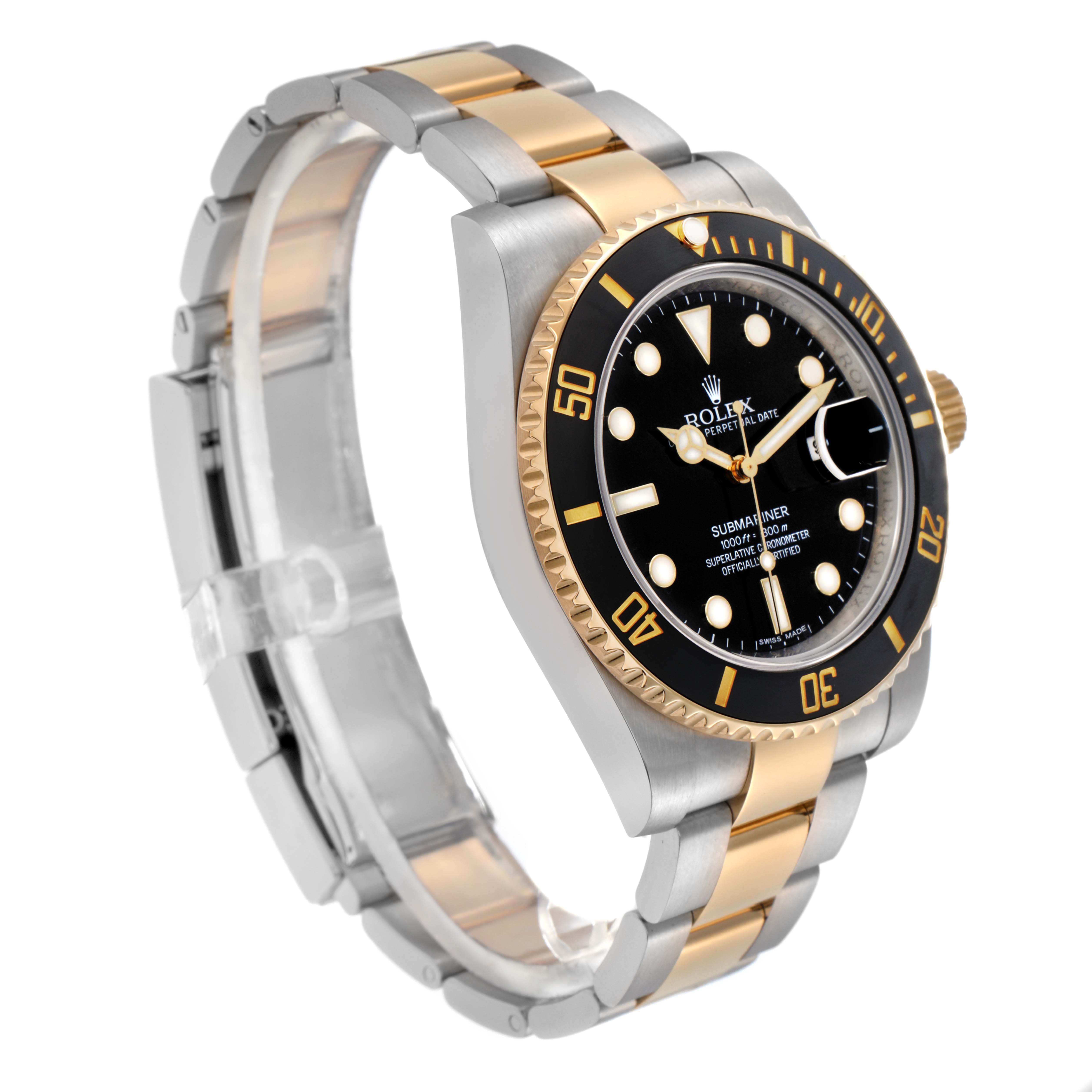 The Rolex Submariner 116613 Men
s Steel and Gold (two tone) Black Dial 116613 Men
s Steel and Gold (two tone) Black Dial watch is shown at an angled side view, displaying its bracelet, bezel, and face with clear markings.