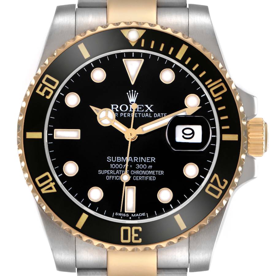 The Rolex Submariner watch is shown from a front angle, highlighting the bezel, dial, hands, indices, and date window.