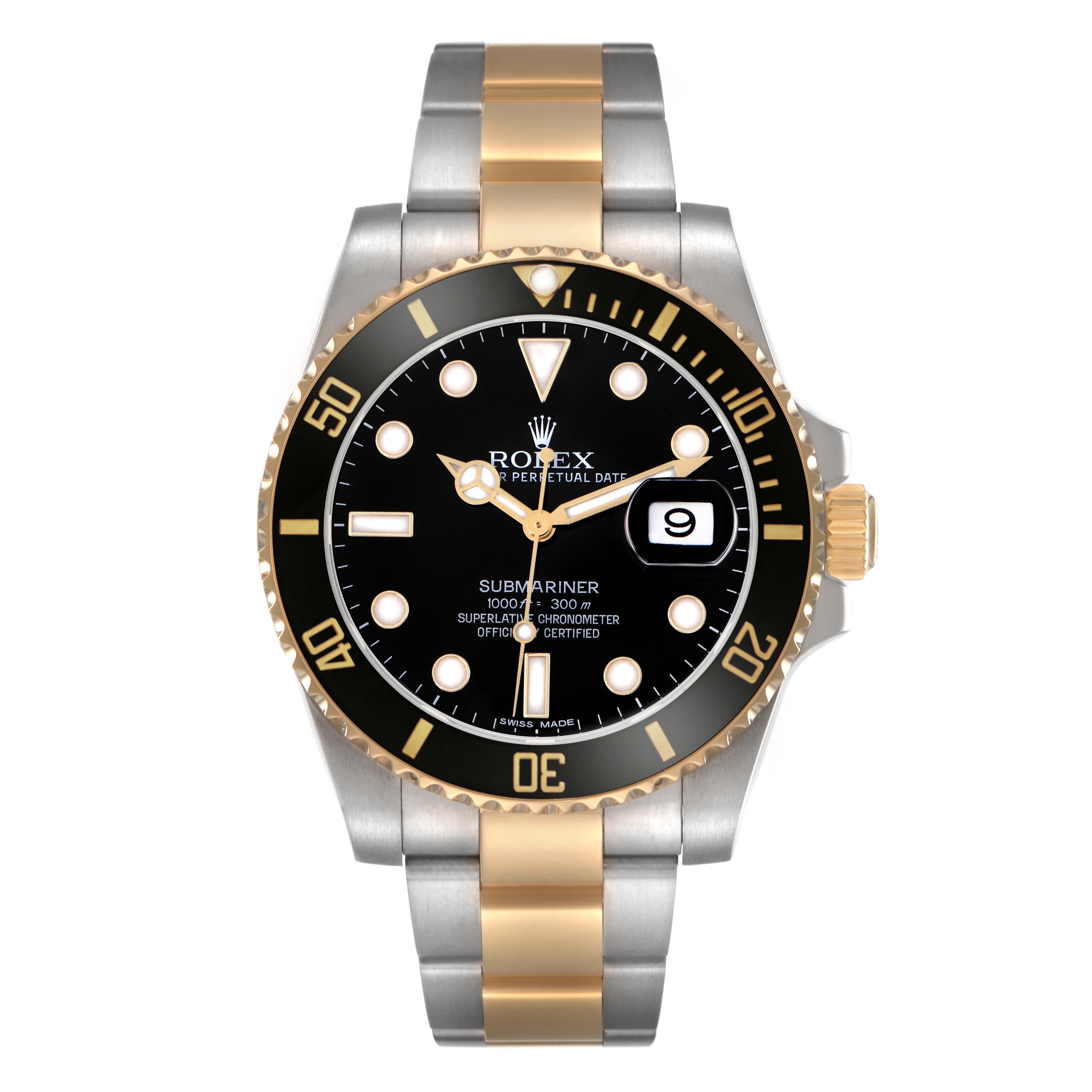 The Rolex Submariner 116613 Men
s Steel and Gold (two tone) Black Dial 116613 Men
s Steel and Gold (two tone) Black Dial is shown from a front view, highlighting the dial, bezel, and two-tone bracelet.