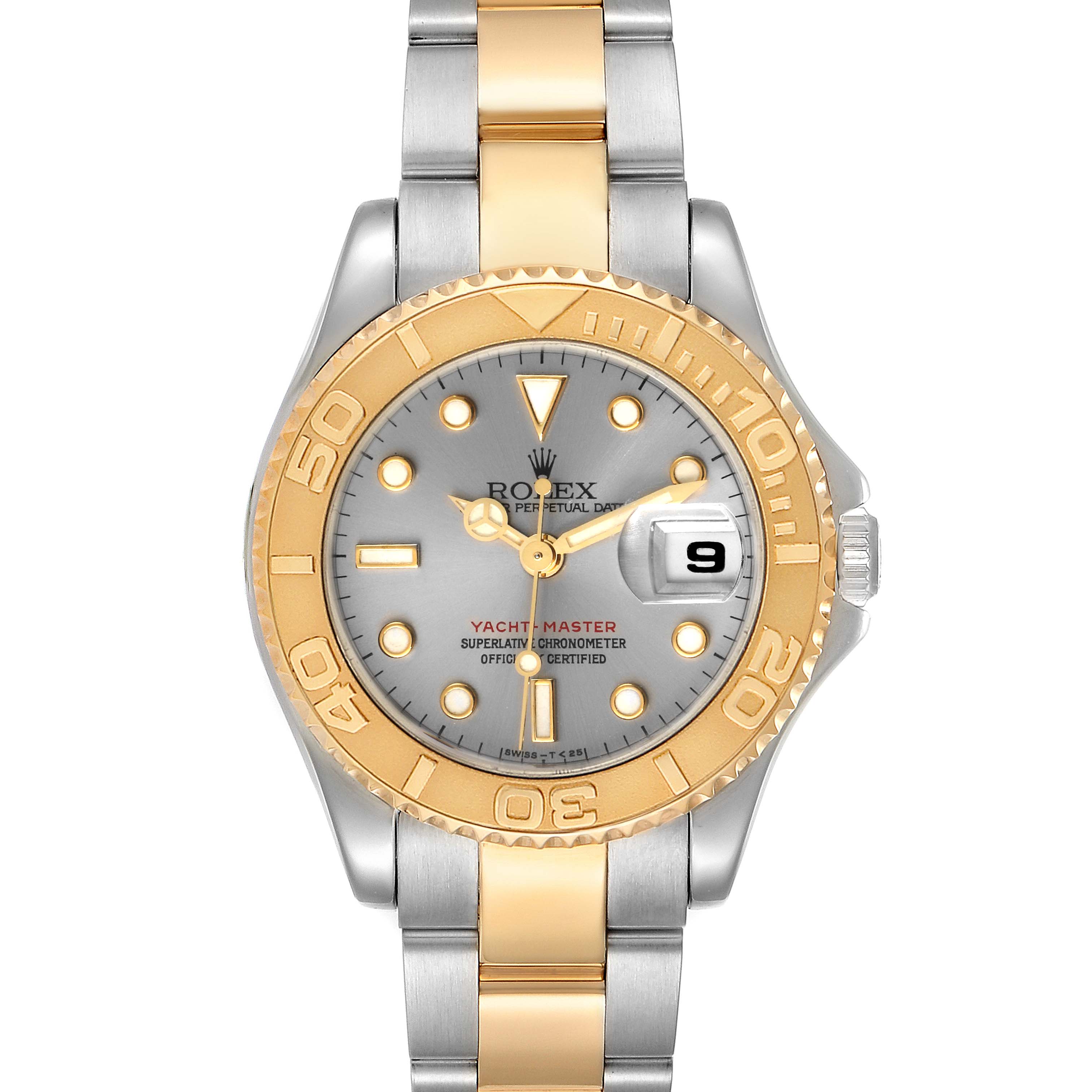 The Rolex Yacht-Master 69623 Women's Steel and Gold (two tone) Grey Dial 69623 Women's Steel and Gold (two tone) Grey Dial watch is shown from a front angle, displaying the dial, bezel, and bracelet.