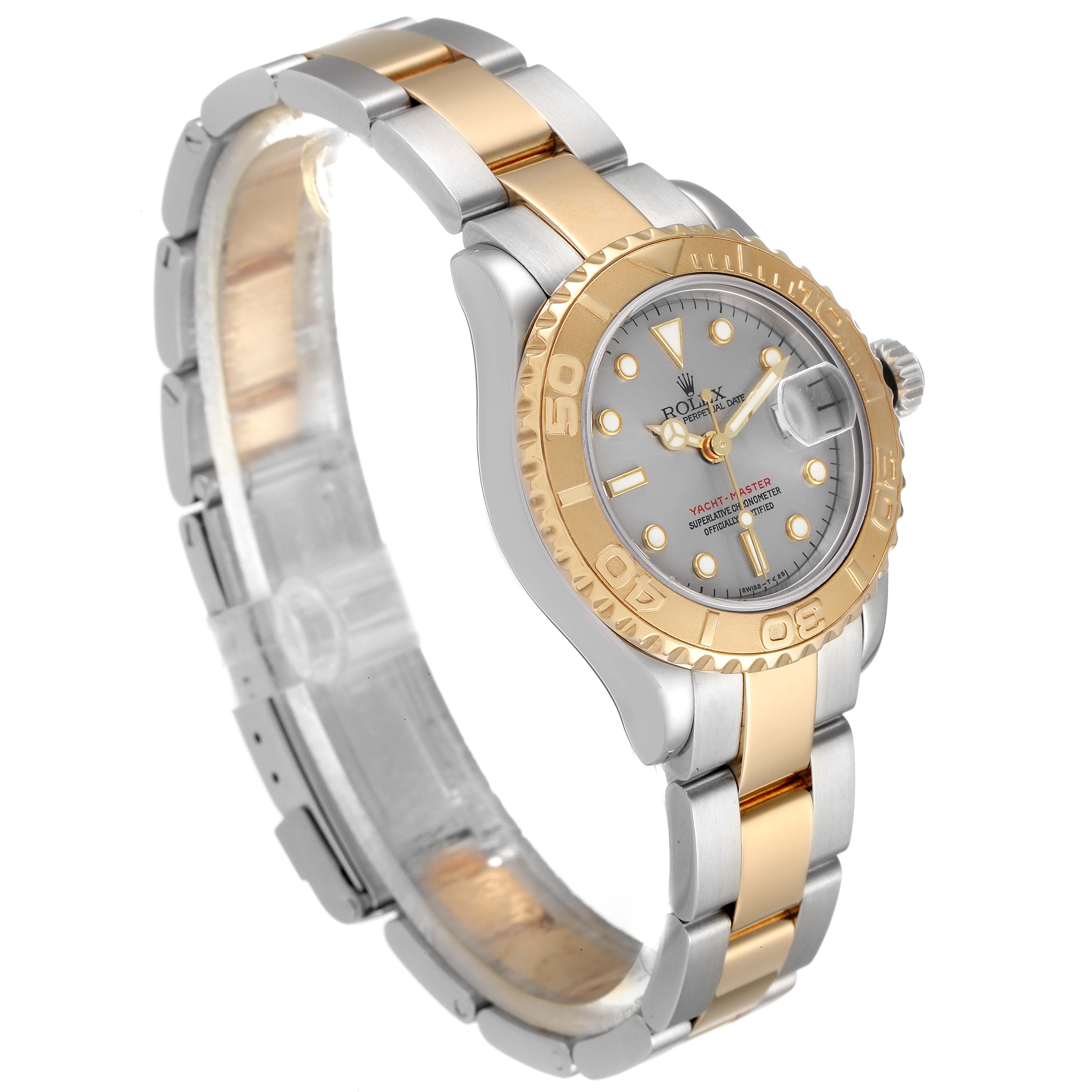 The Rolex Yacht-Master 69623 Women's Steel and Gold (two tone) Grey Dial 69623 Women's Steel and Gold (two tone) Grey Dial watch is shown from a side angle, displaying its two-tone bracelet and gold bezel.