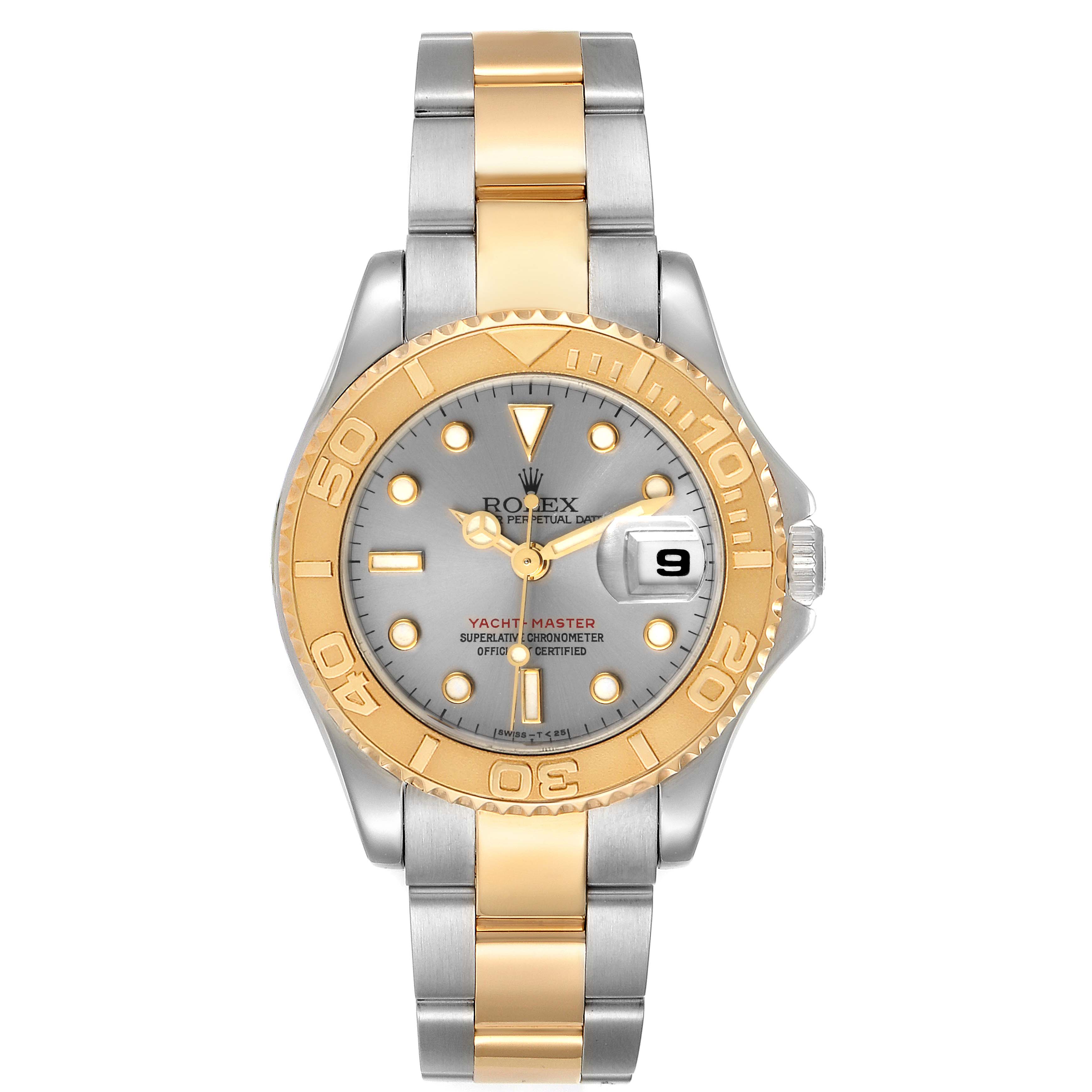 The Rolex Yacht-Master 69623 Women's Steel and Gold (two tone) Grey Dial 69623 Women's Steel and Gold (two tone) Grey Dial watch is shown from a front angle, displaying the dial, bezel, and bracelet.