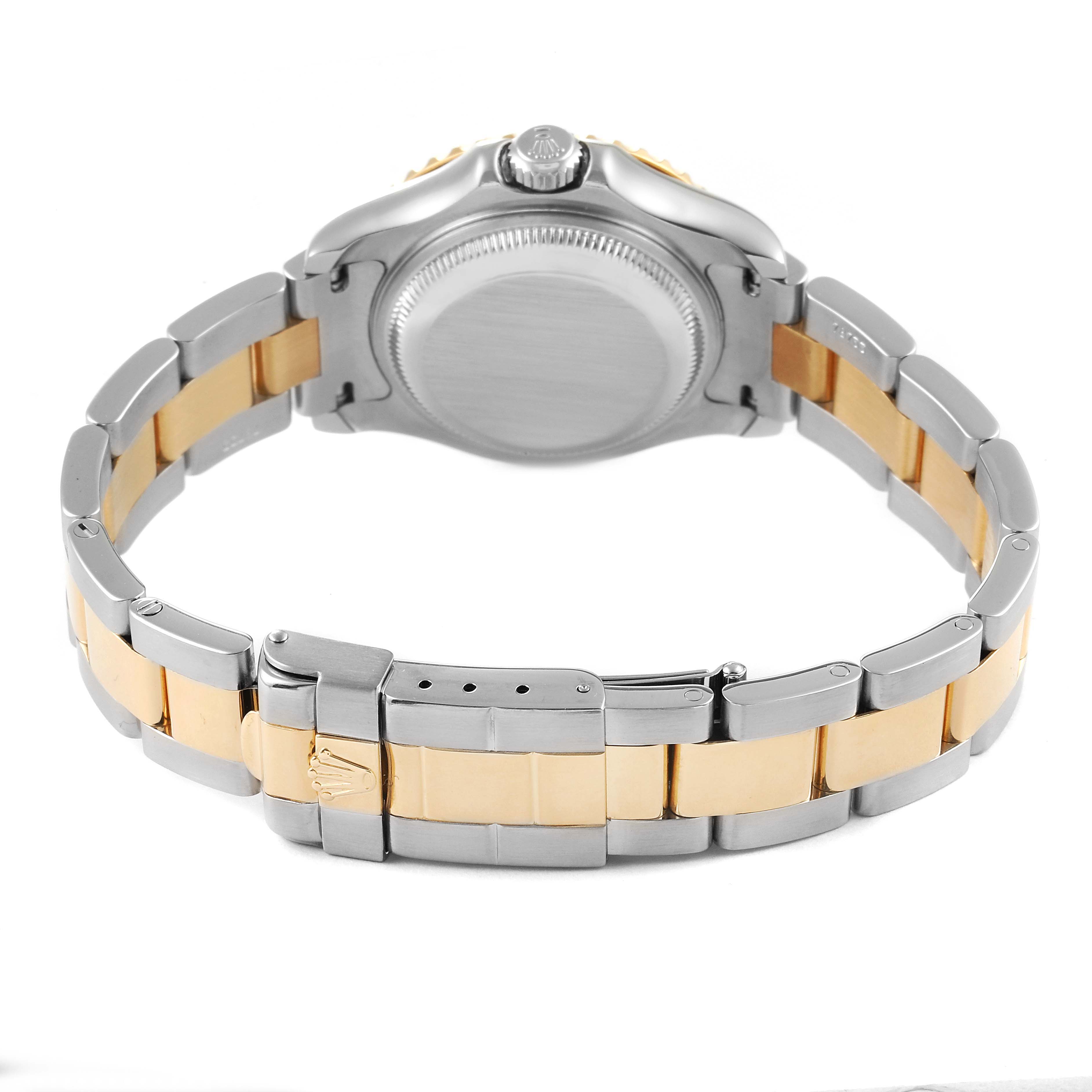 The image shows the back view of the Rolex Yacht-Master 69623 Women's Steel and Gold (two tone) Grey Dial 69623 Women's Steel and Gold (two tone) Grey Dial watch, highlighting the clasp, bracelet, and case back.