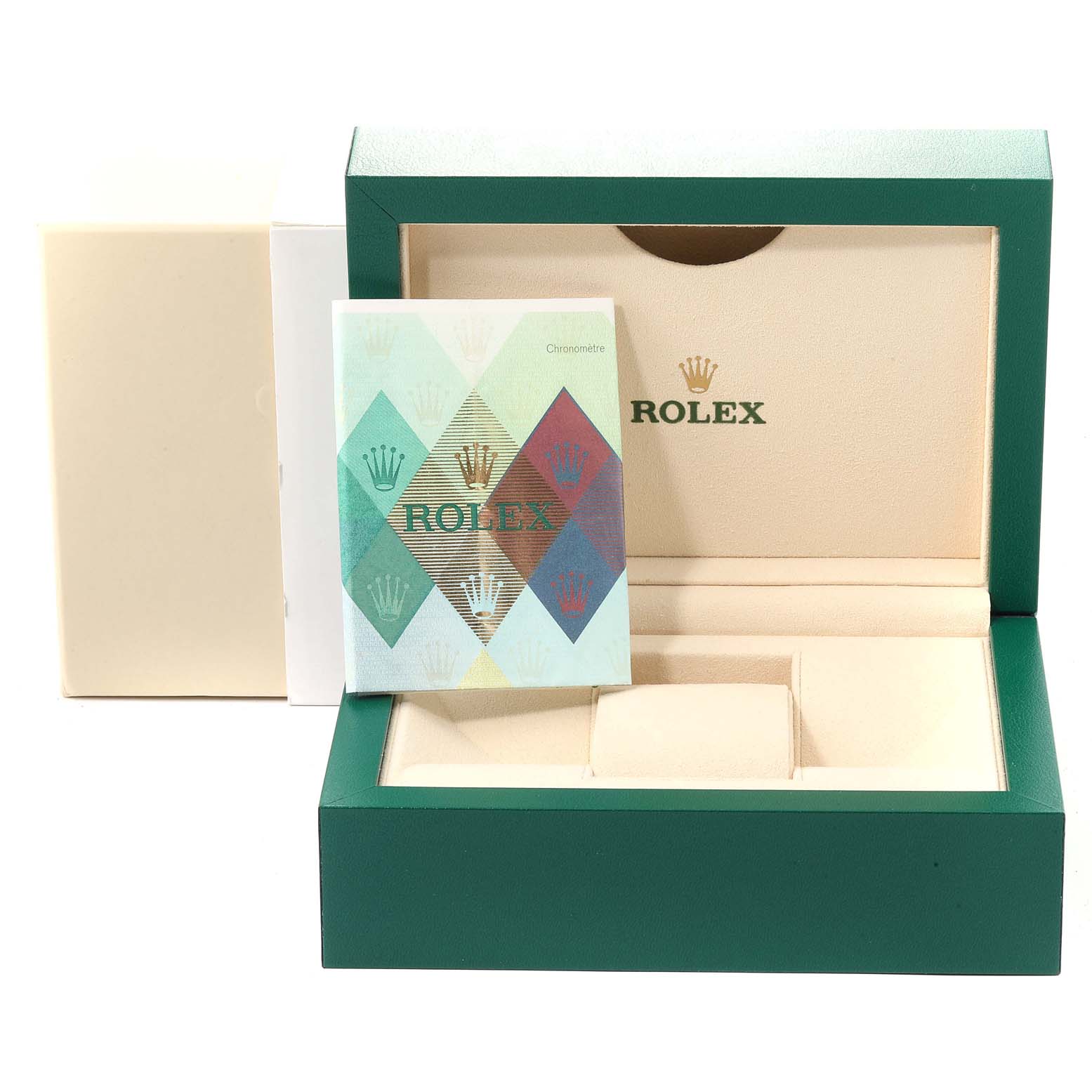 This image shows the packaging and guarantee booklet of a Rolex Yacht-Master 16623  Men's Steel and Gold (two tone) Grey Dial 16623  Men's Steel and Gold (two tone) Grey Dial watch, including an open green box.